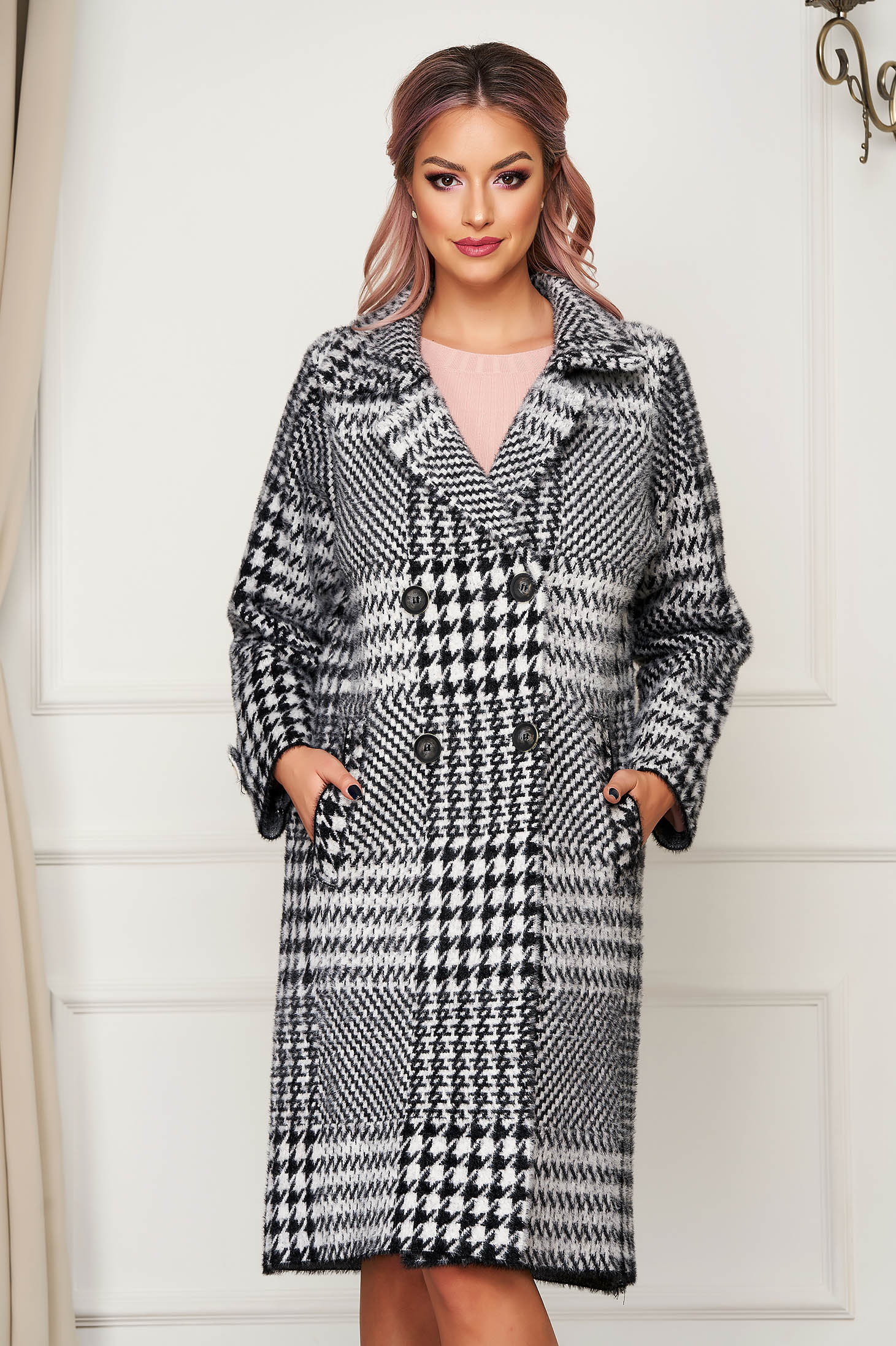 Palton SunShine elegant din lana cu croi larg in carouri