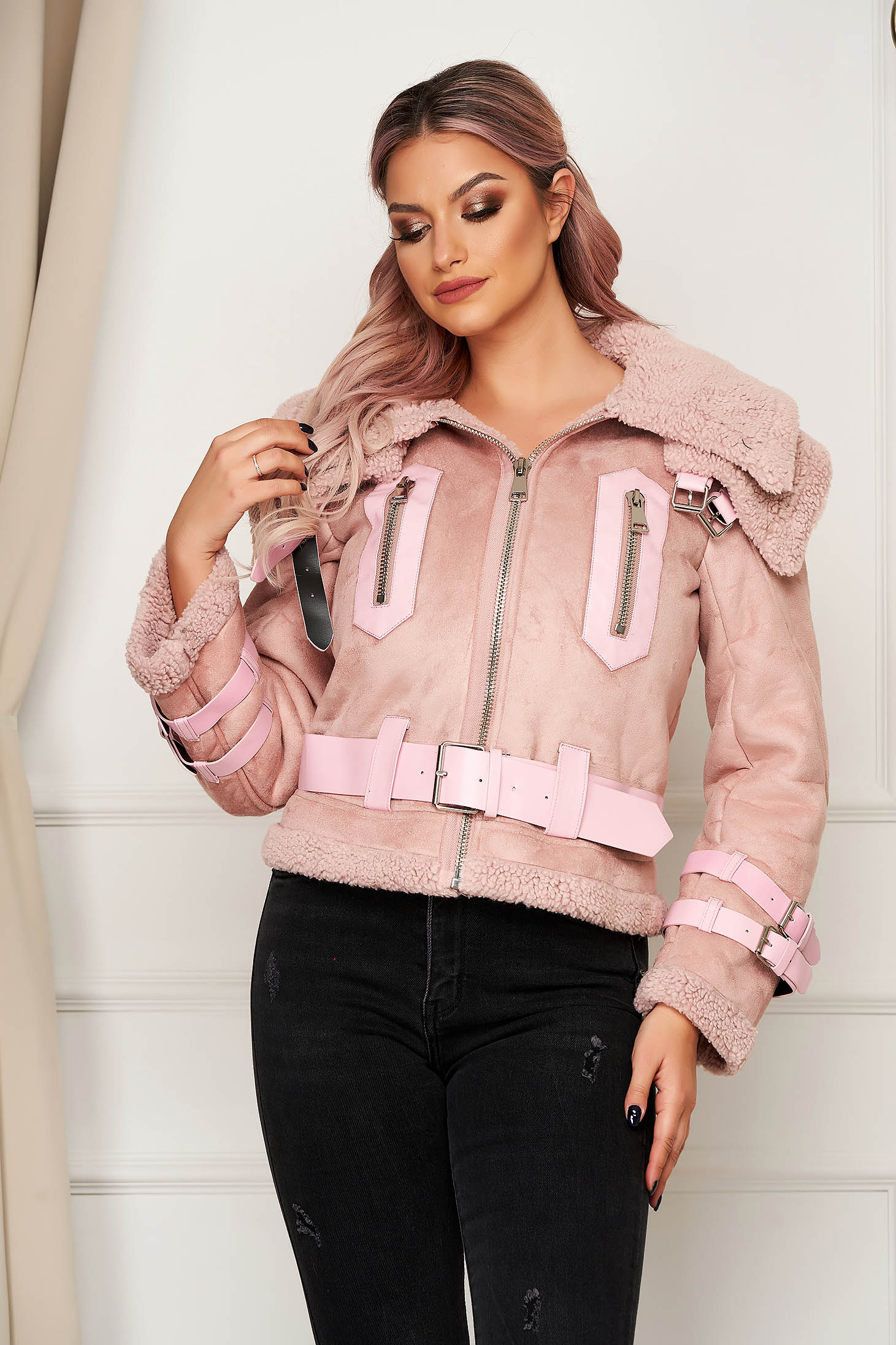 Pink casual dzseki szintetikus fordított bőr felsőrész bundabélessel ellátva
