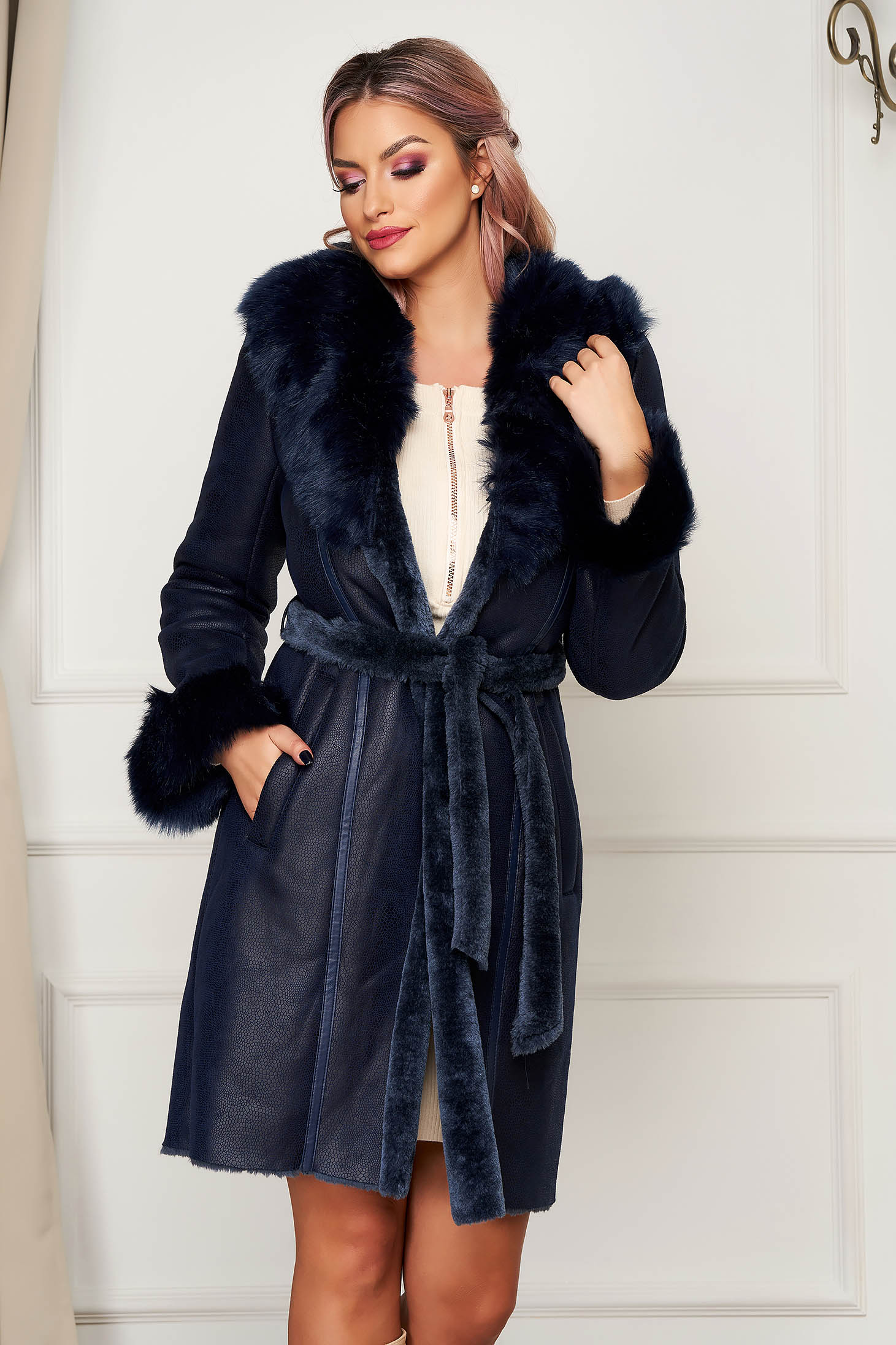 Blana ecologica SunShine albastru-inchis eleganta midi cu buzunare