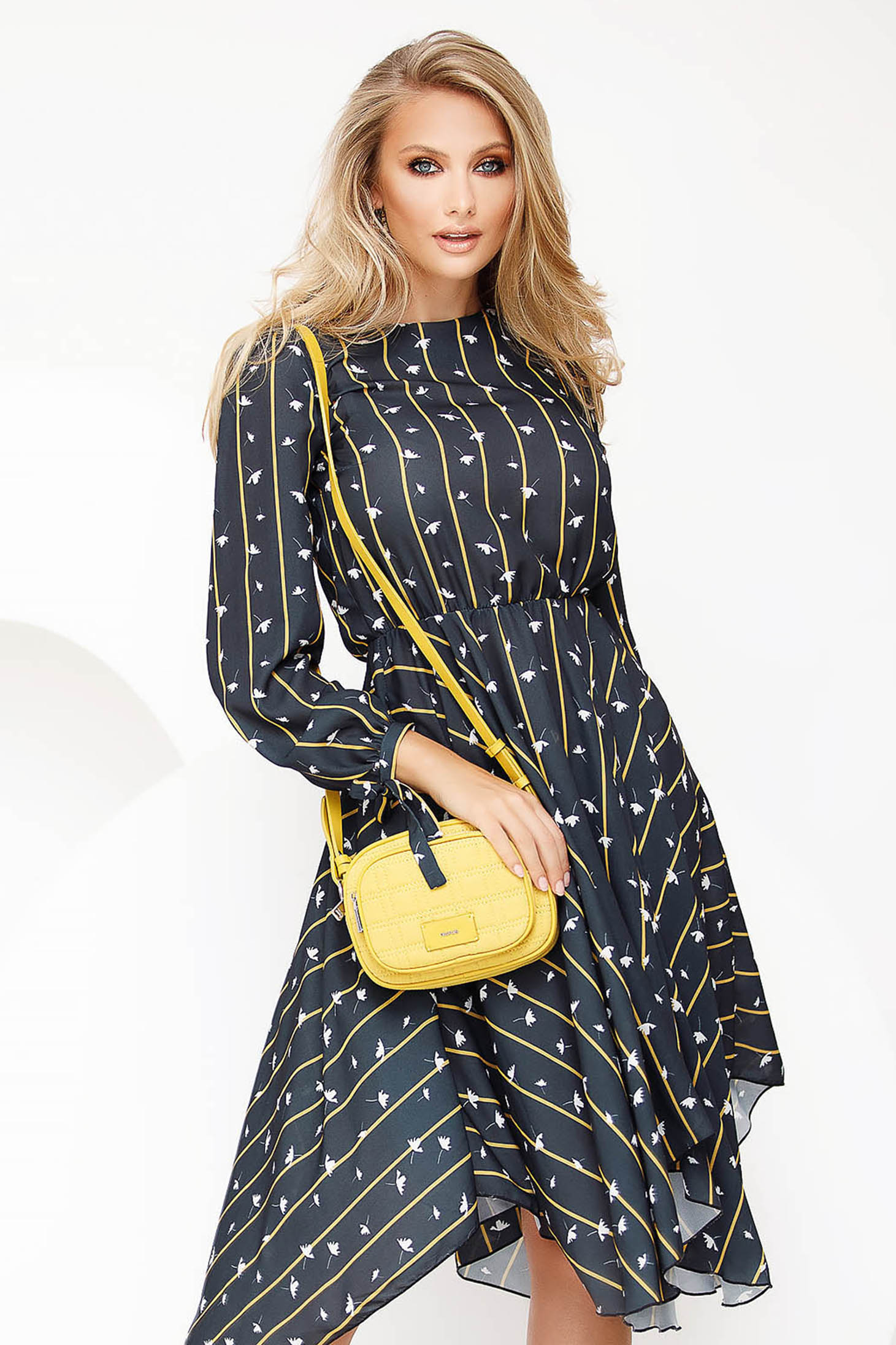 Rochie Fofy verde petrol asimetrica de zi din material subtire cu maneci lungi