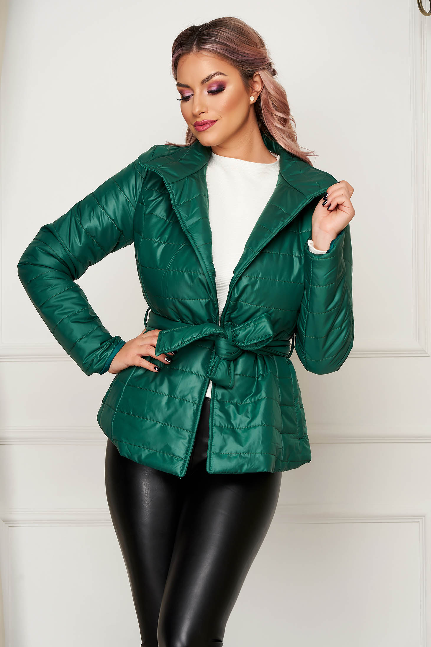 Geaca Artista verde casual scurta din fas cu buzunare si guler inalt