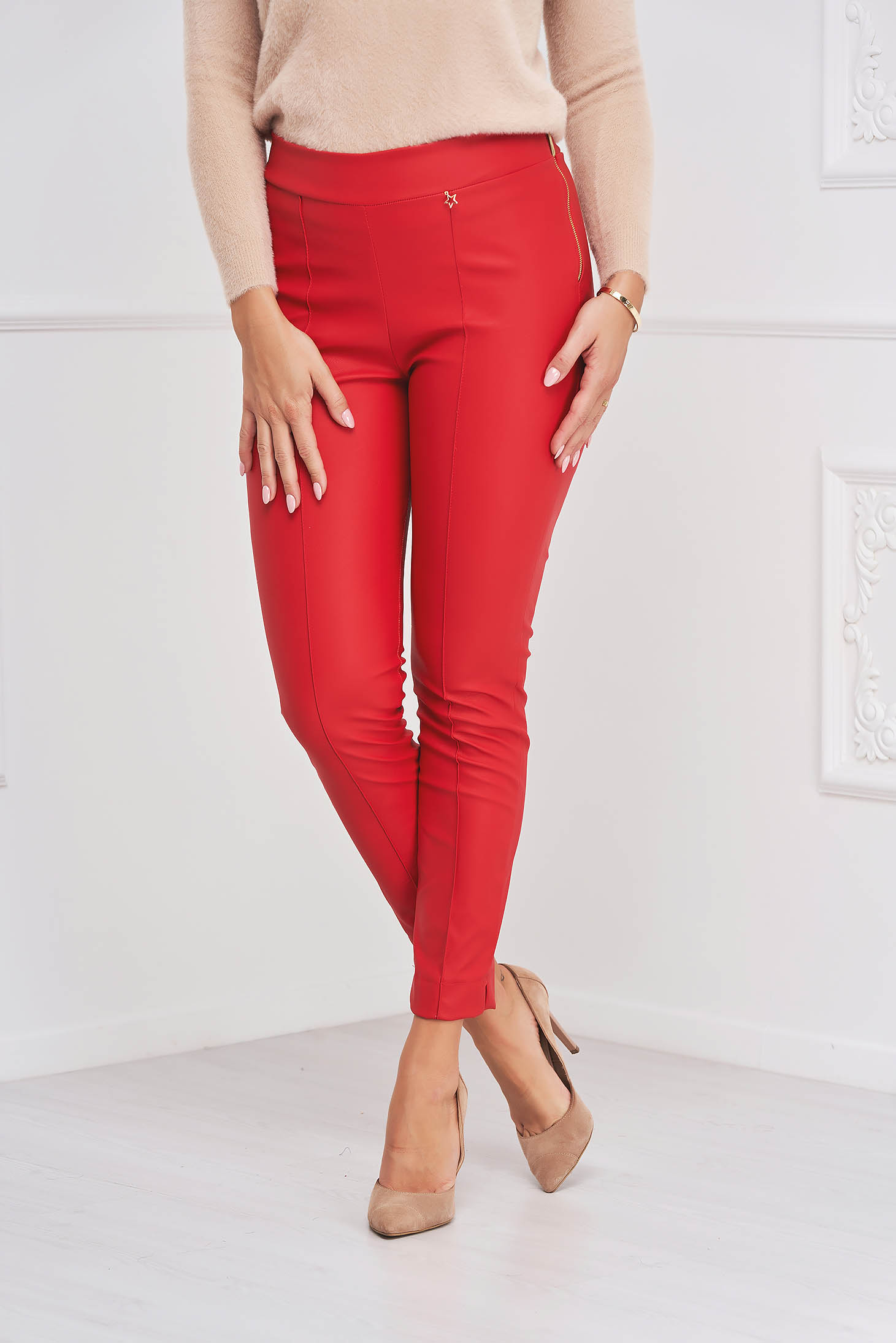 Pantaloni din piele ecologica rosii conici cu talie inalta - StarShinerS