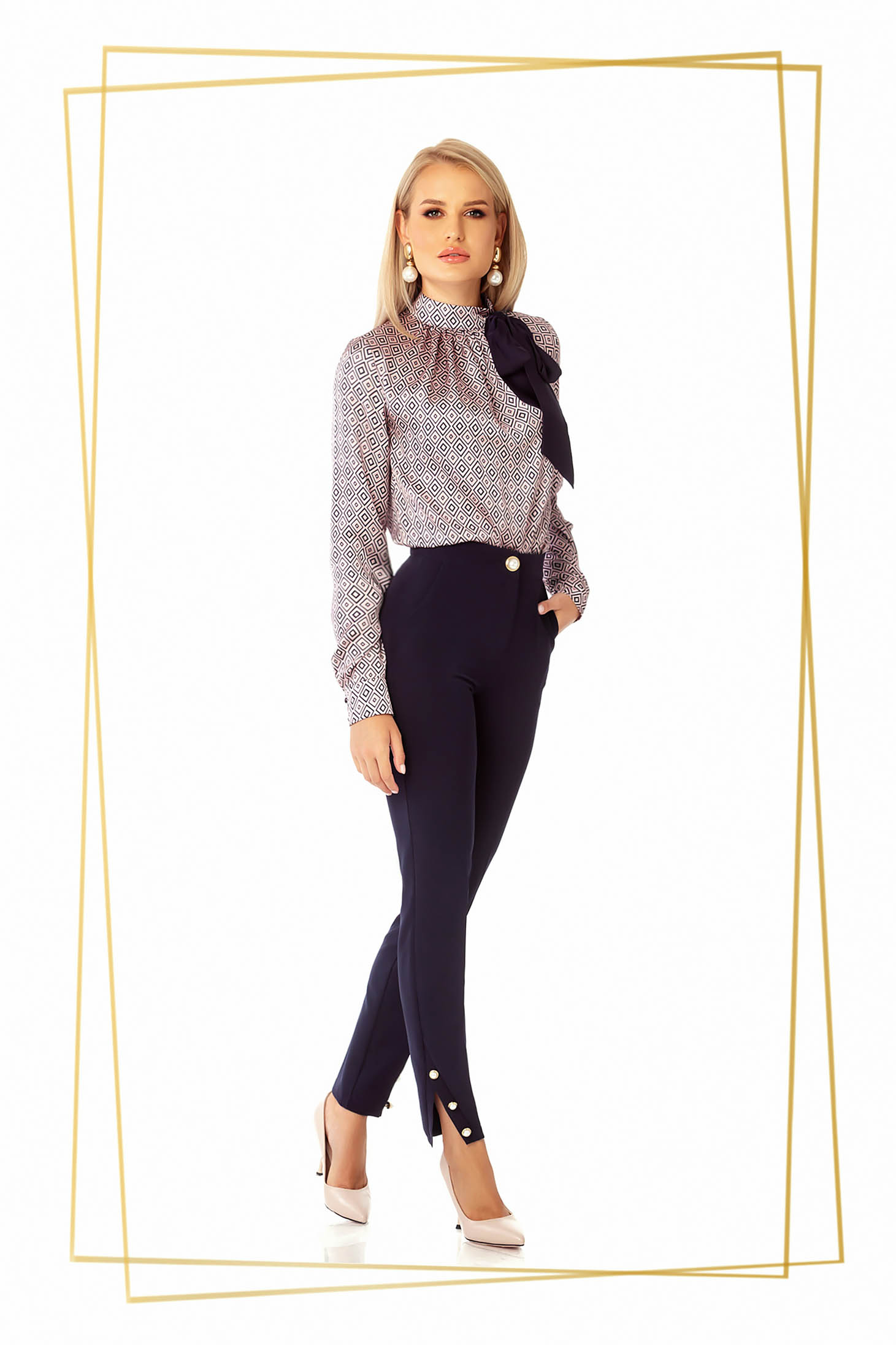 Pantaloni PrettyGirl albastru-inchis office conici cu talie medie cu un croi mulat din stofa