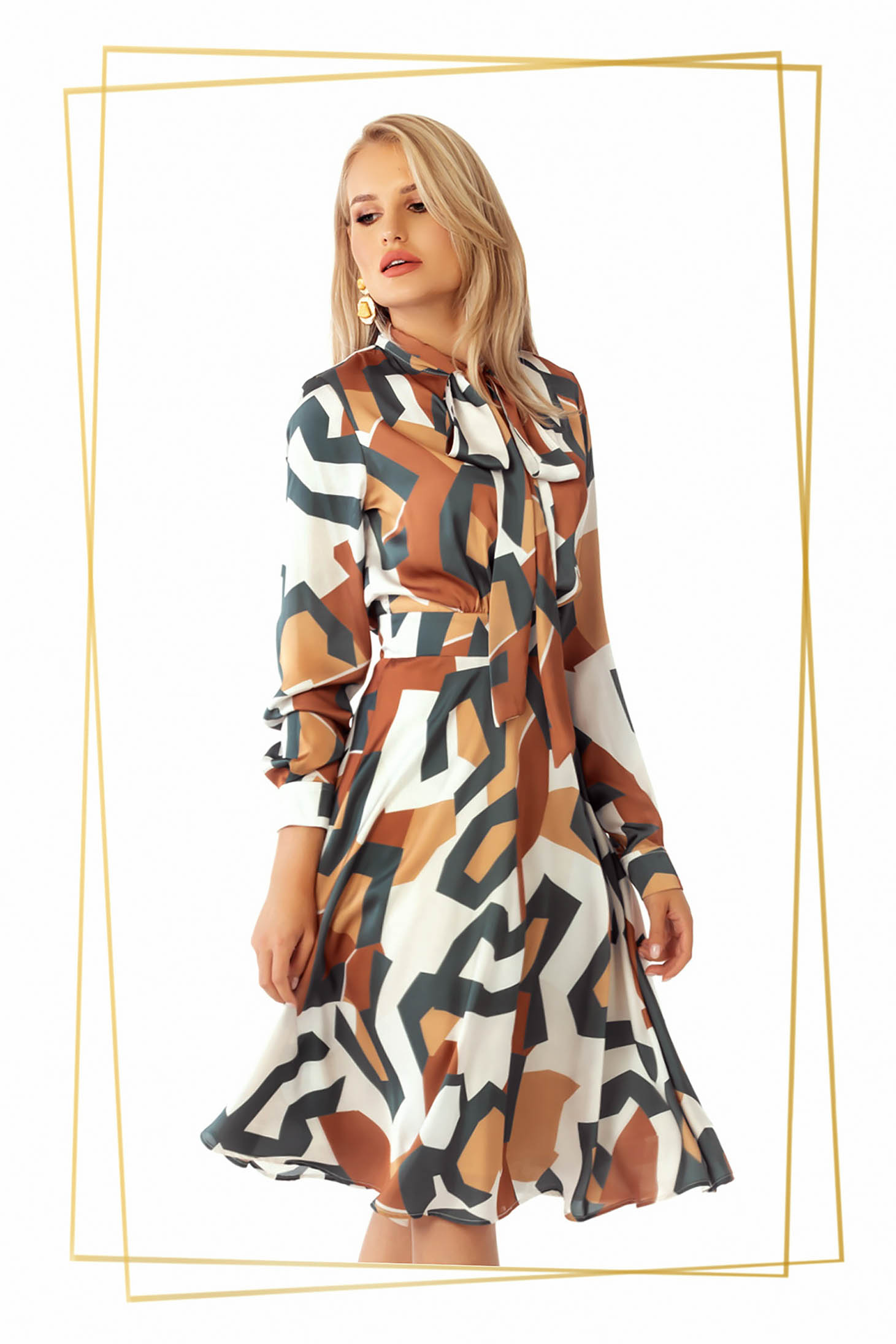 Rochie PrettyGirl eleganta midi de zi in clos din voal cu guler tip esarfa