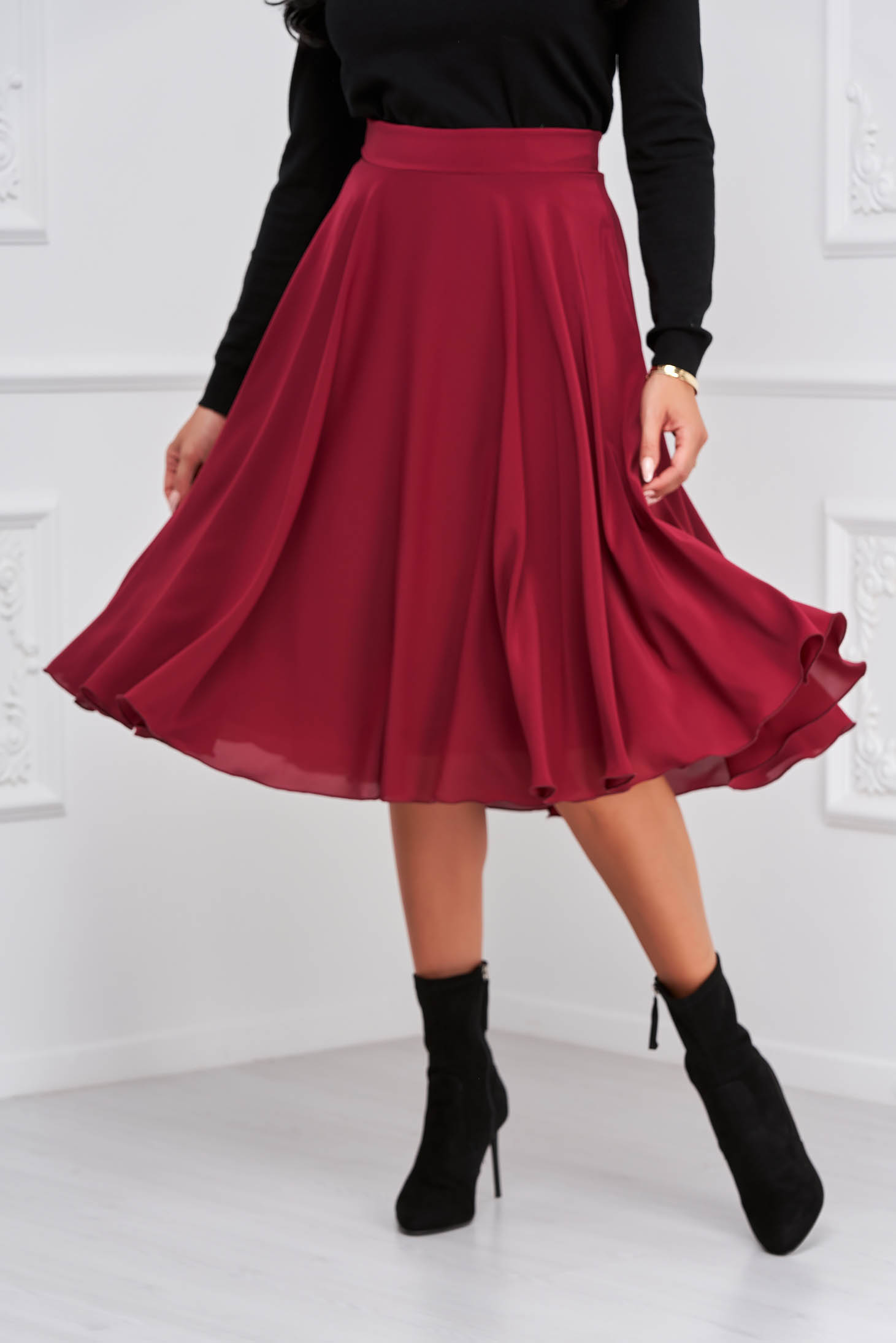 - StarShinerS midi cloche from veil fabric high waisted burgundy skirt