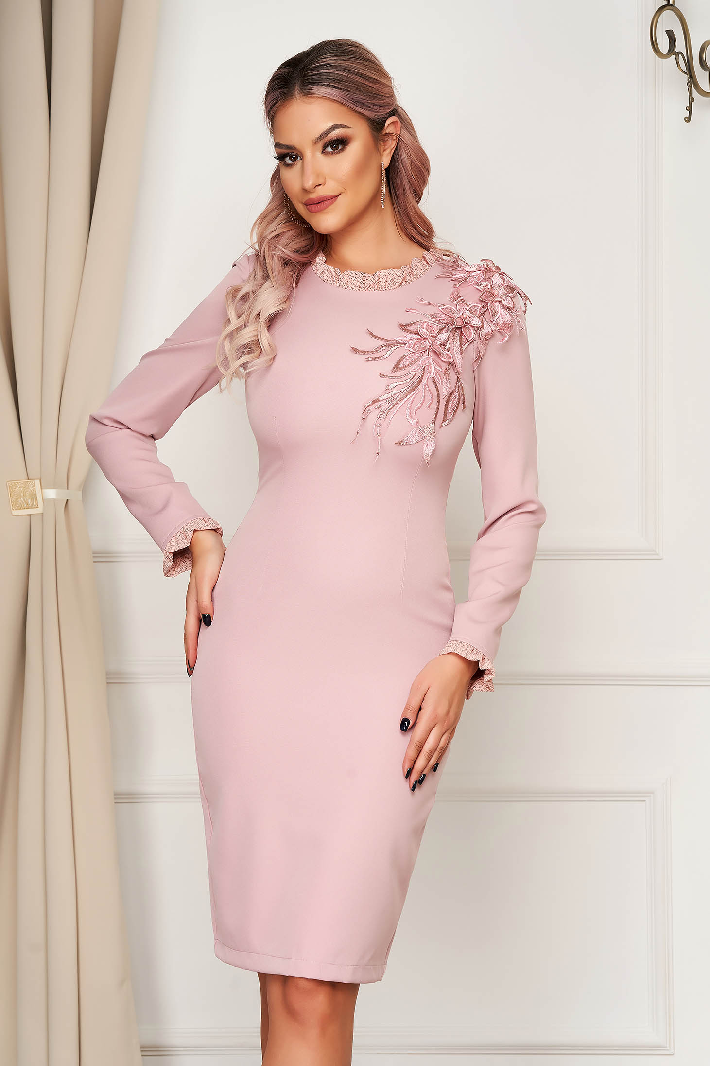 Dress StarShinerS lightpink elegant midi cloth from elastic fabric with glitter details with 3d effect