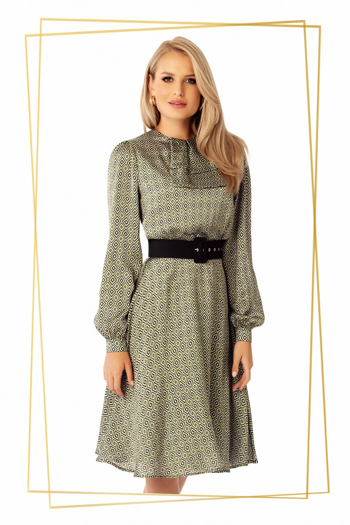 Rochie PrettyGirl khaki midi de zi in clos din satin cu accesoriu tip curea