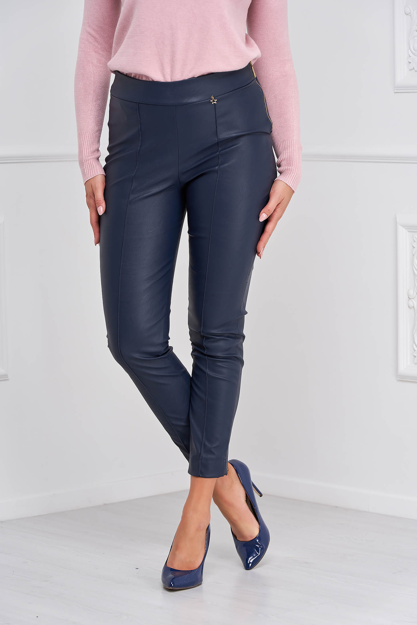 Casual darkblue StarShinerS trousers from ecological leather with tented cut high waisted