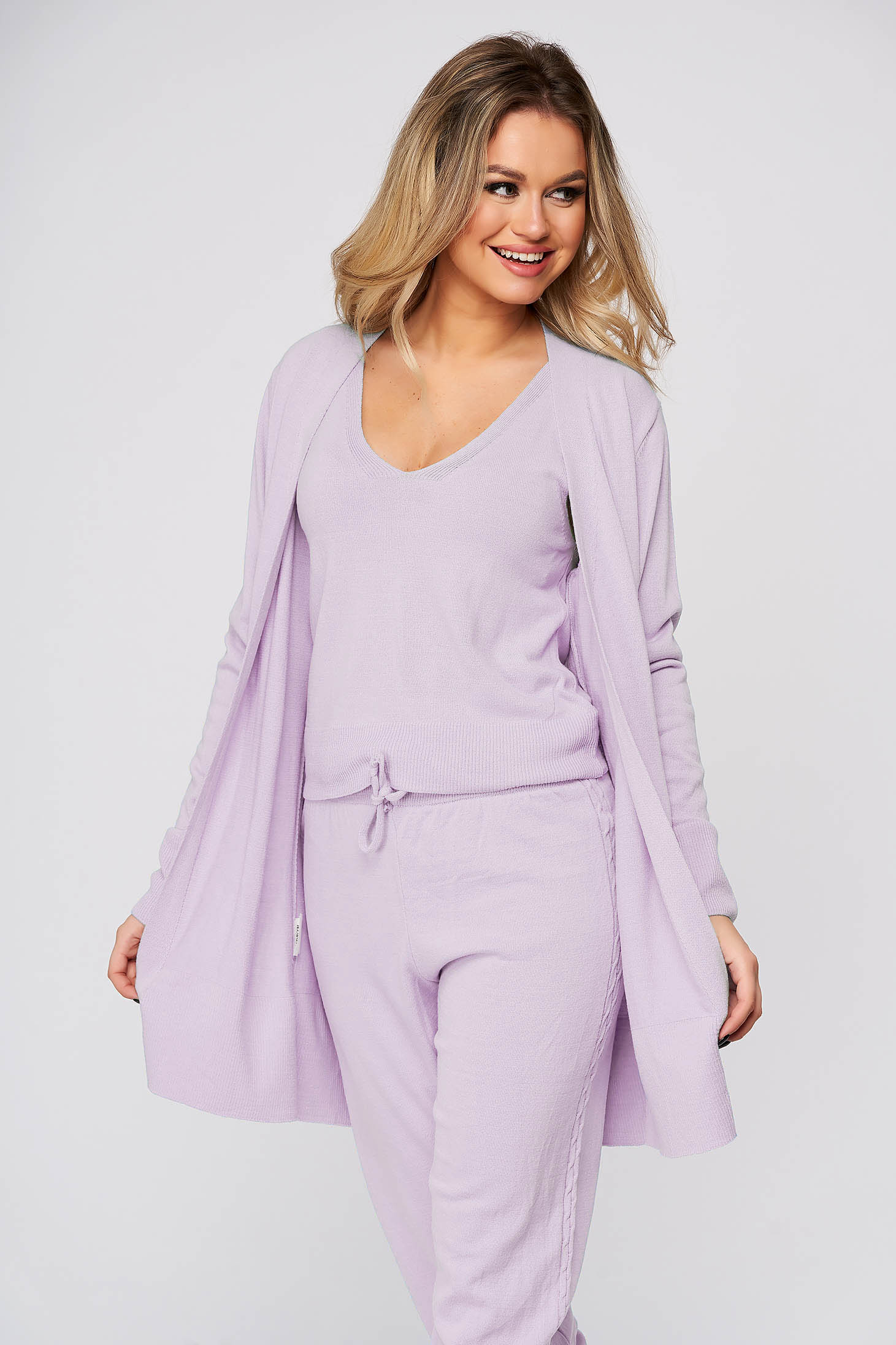 Trening dama SunShine lila casual din material tricotat cu cardigan