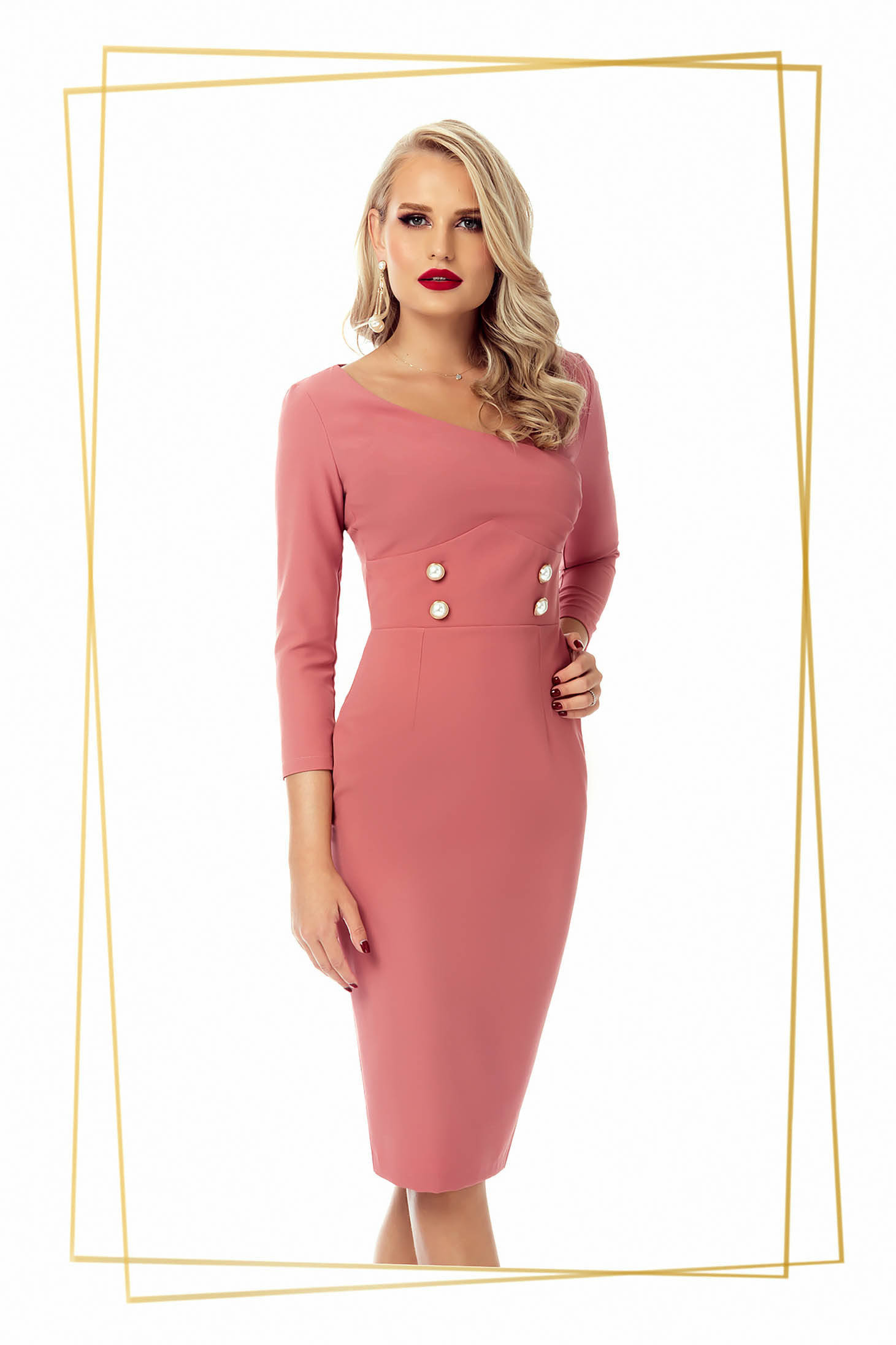 Rochie PrettyGirl roz prafuit office midi tip creion din stofa usor elastica accesorizata cu nasturi