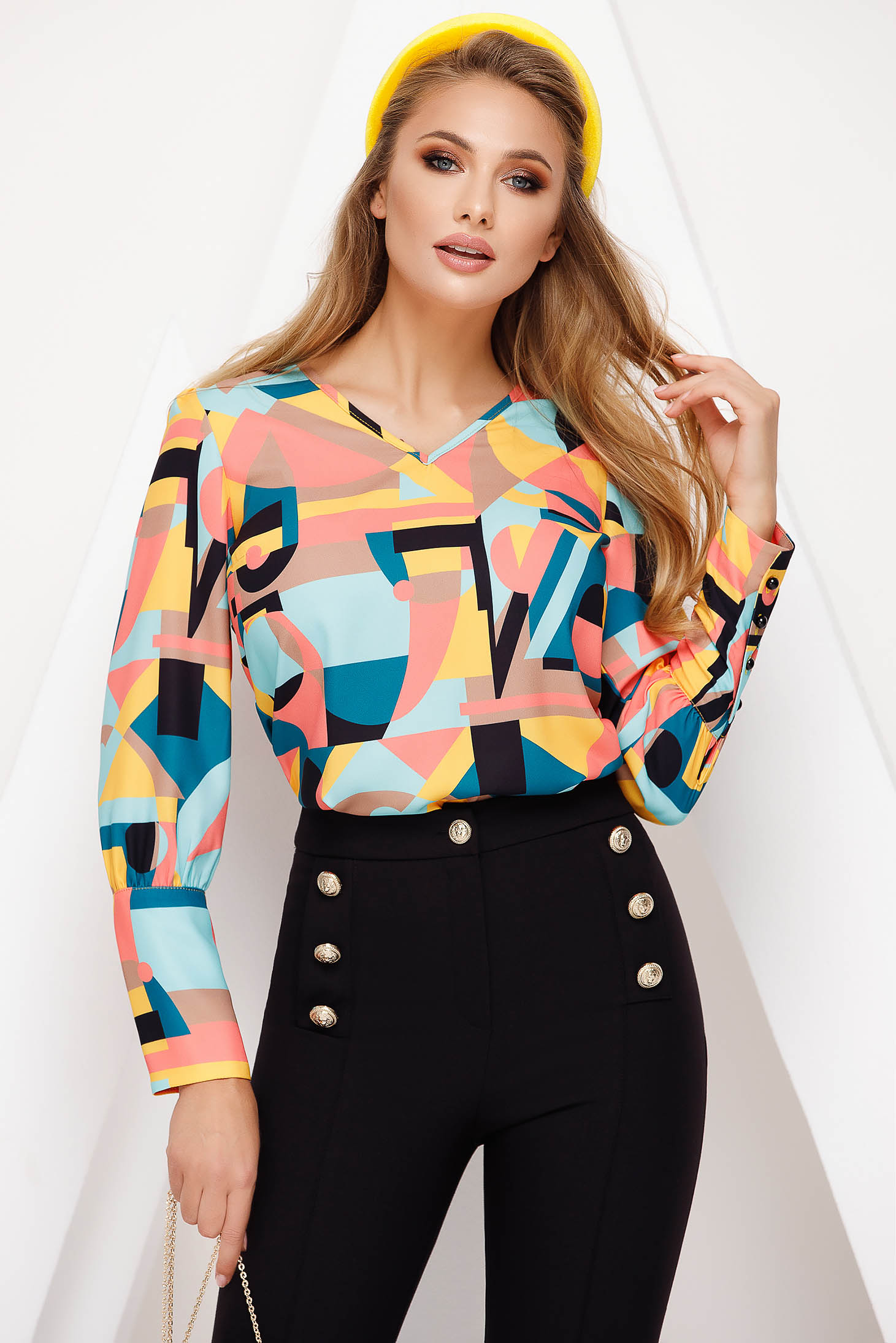 Bluza dama Fofy albastra eleganta cu decolteu in v cu croi larg cu imprimeu geometric