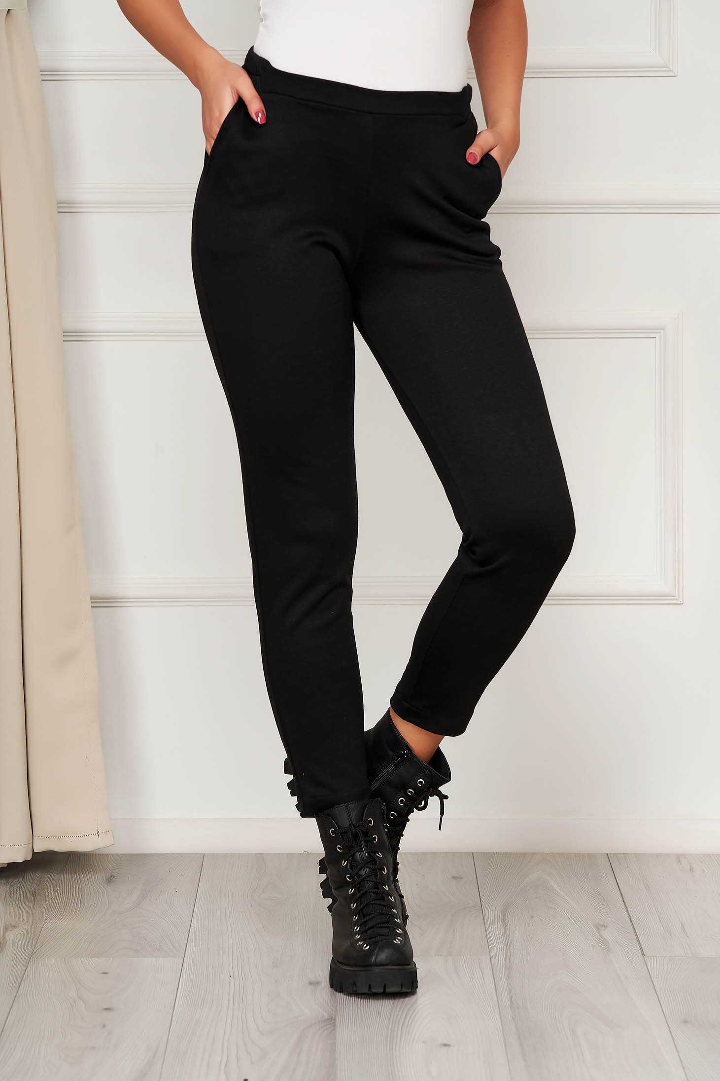 Pantaloni StarShinerS negri casual din jersey cu croi mulat cu elastic in talie si buzunare