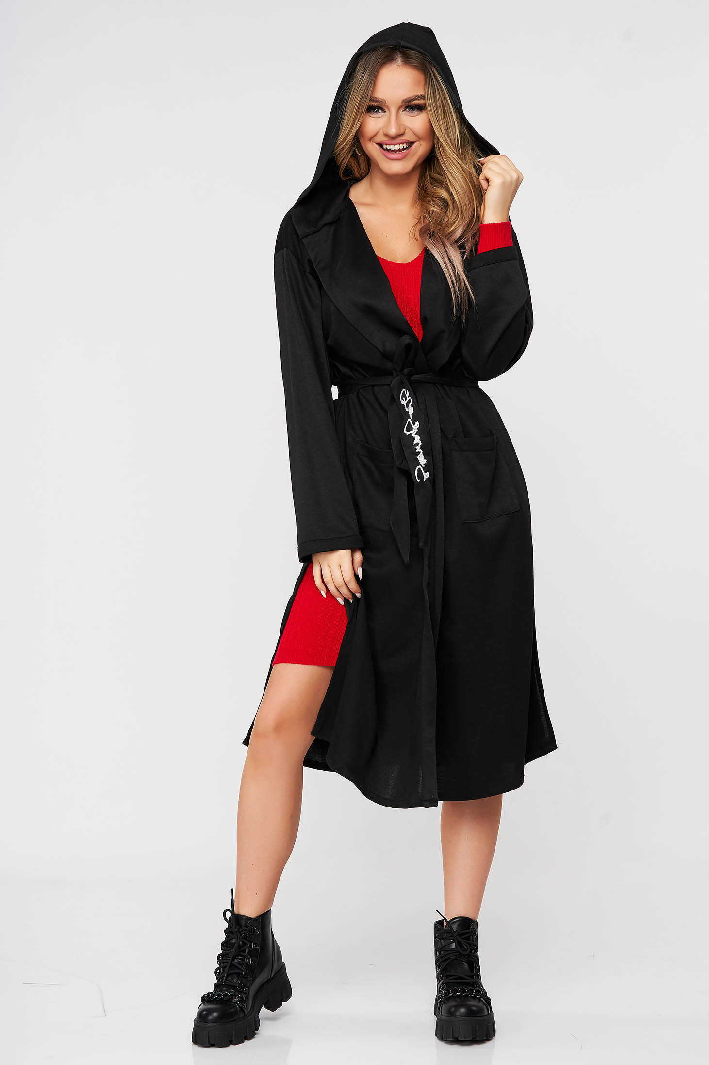 Cardigan StarShinerS negru casual cu croi larg accesorizat cu cordon cu insertii de broderie