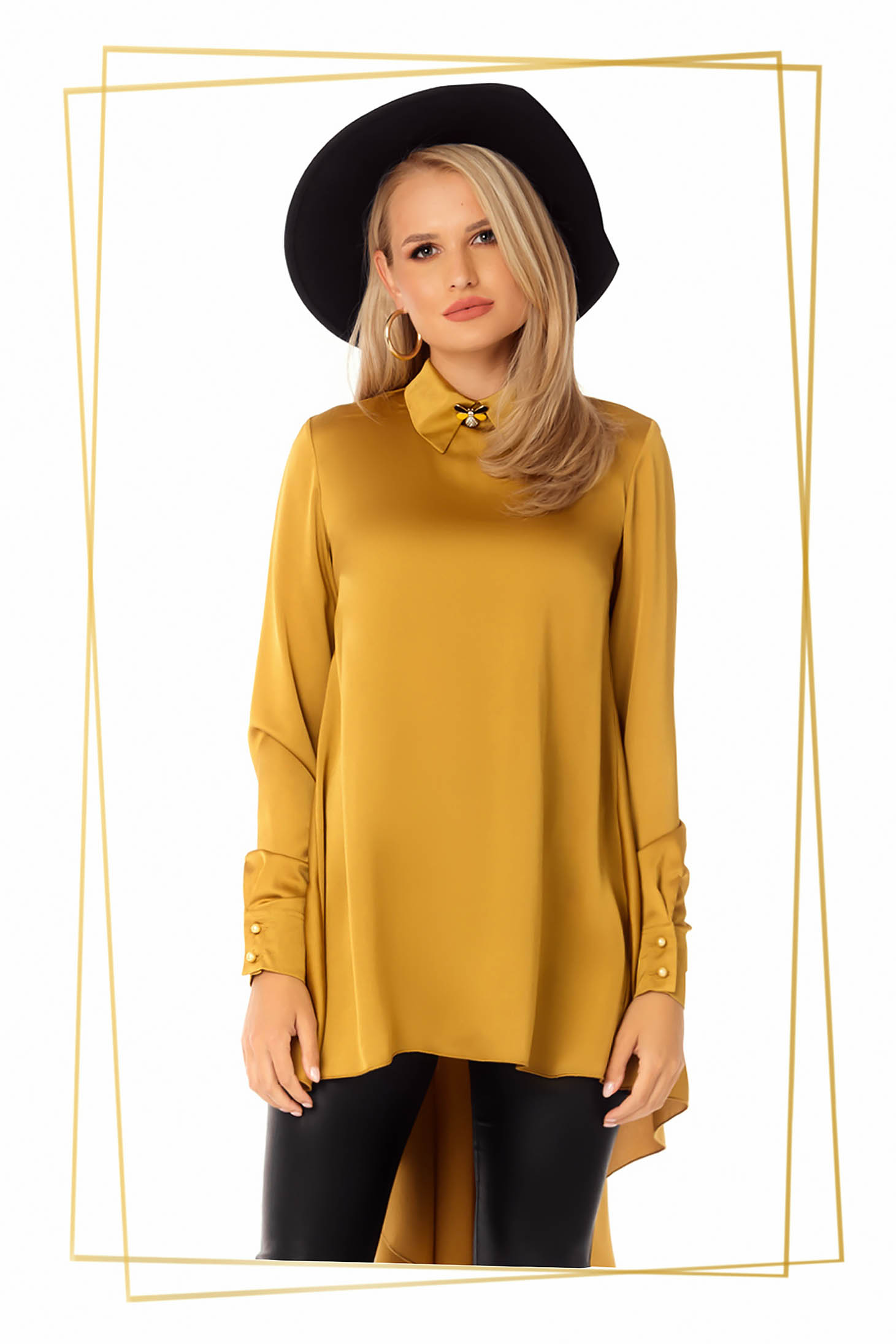 Bluza dama PrettyGirl mustarie eleganta asimetrica din material satinat cu croi larg