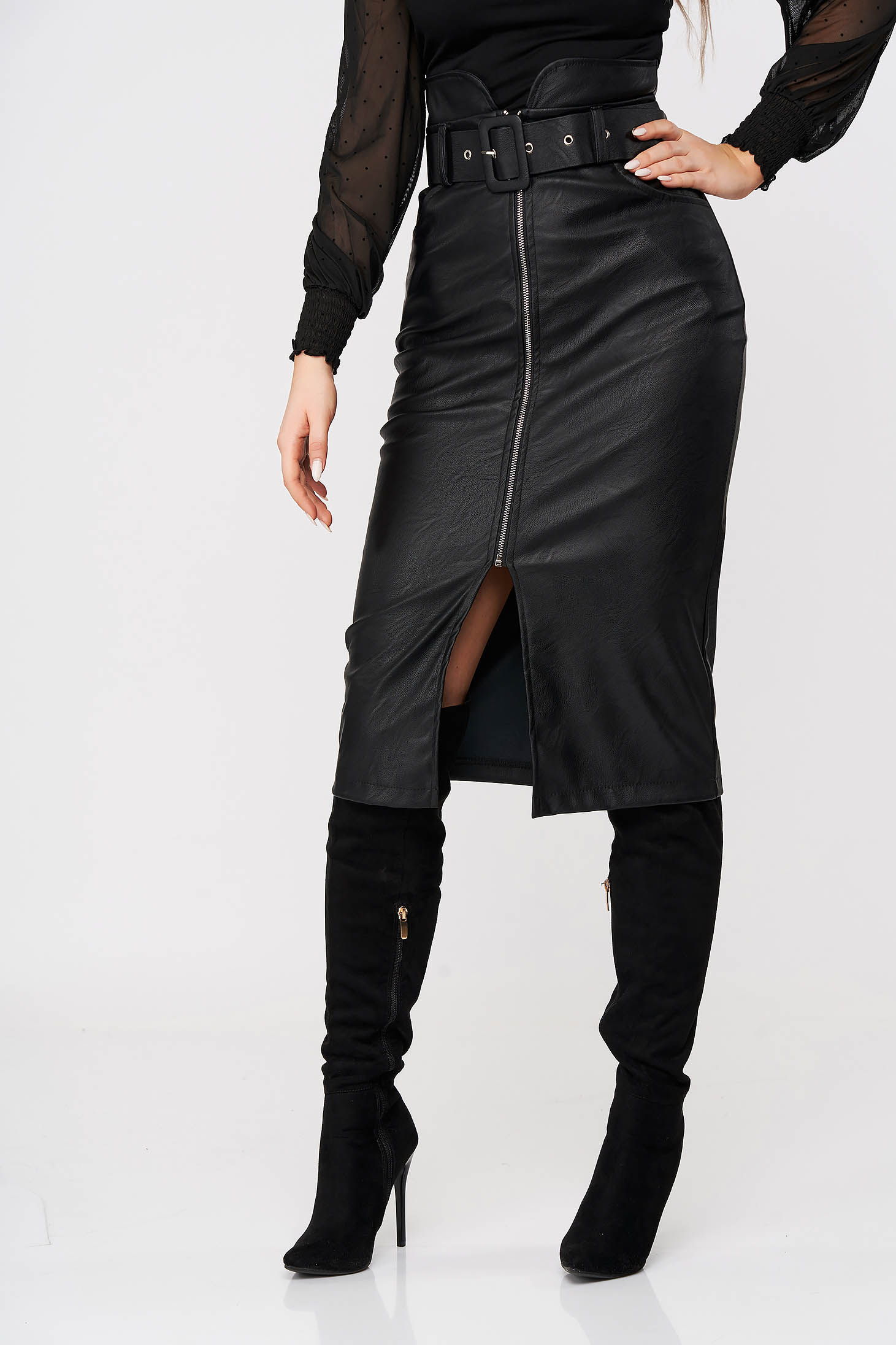 black skirt with knee high boots