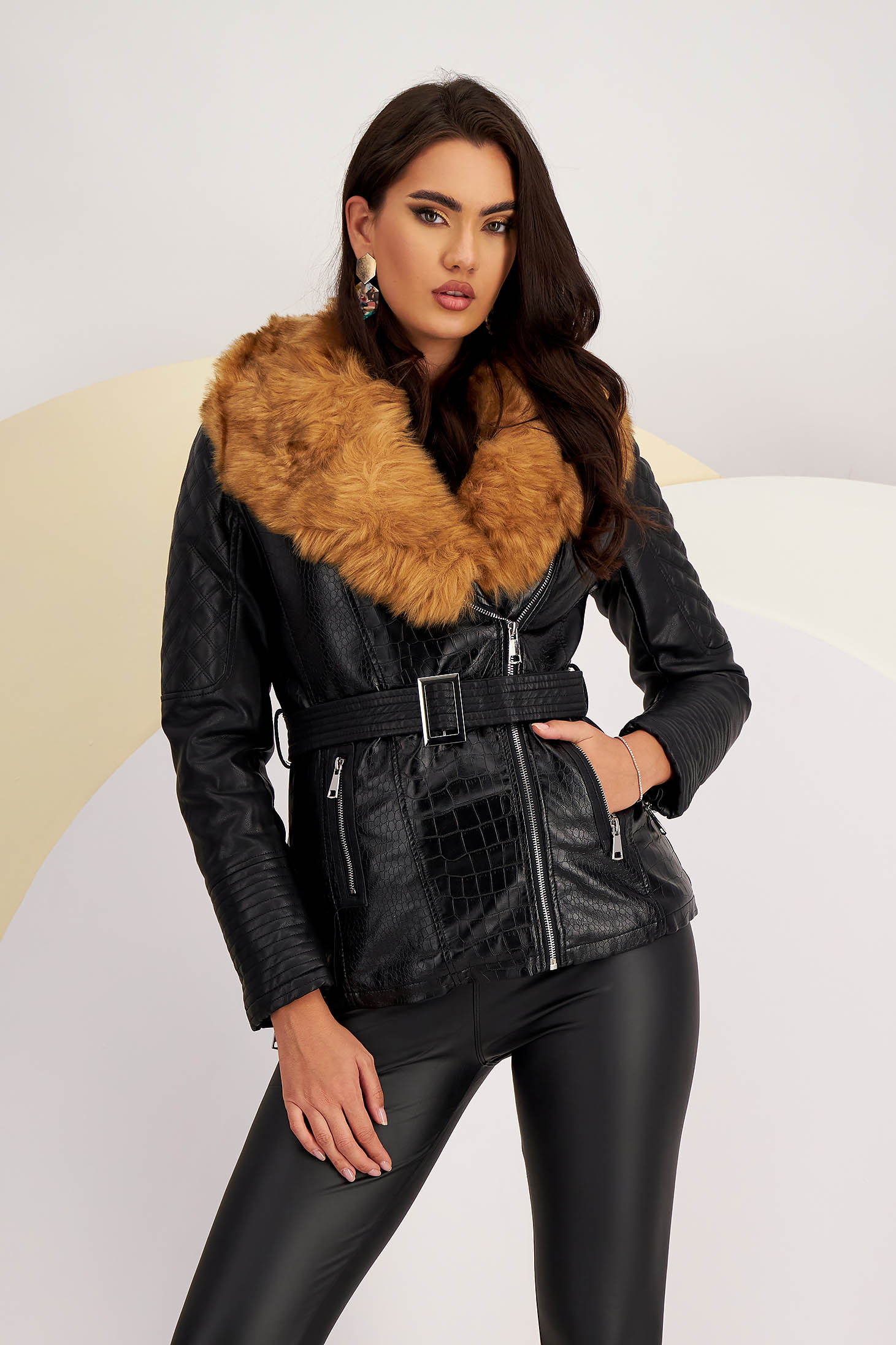 Black faux leather jacket with faux fur collar