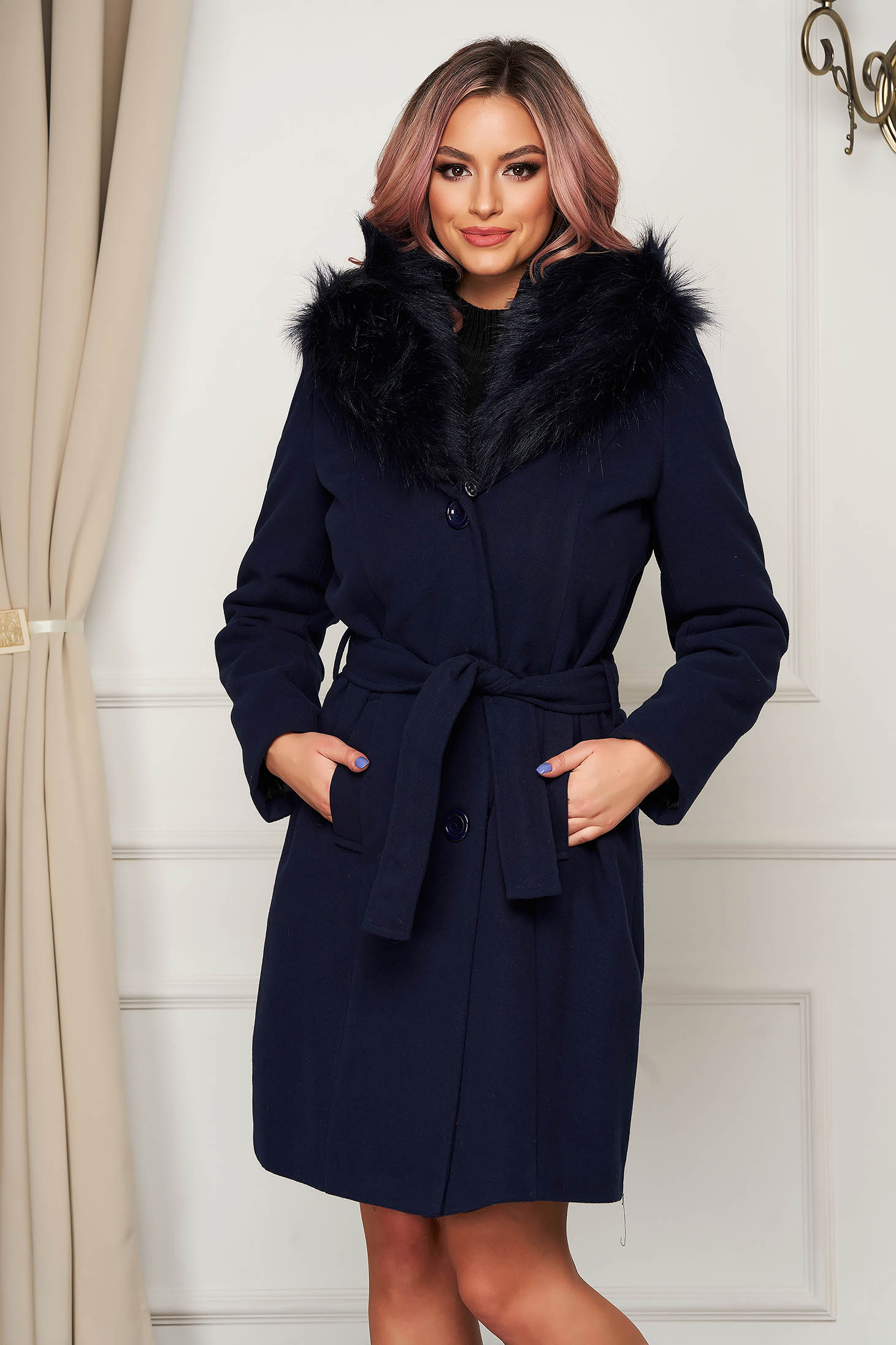 Darkblue Coat Wool Straight Elegant Fur Collar Accessorized With Tied Waistband 1034