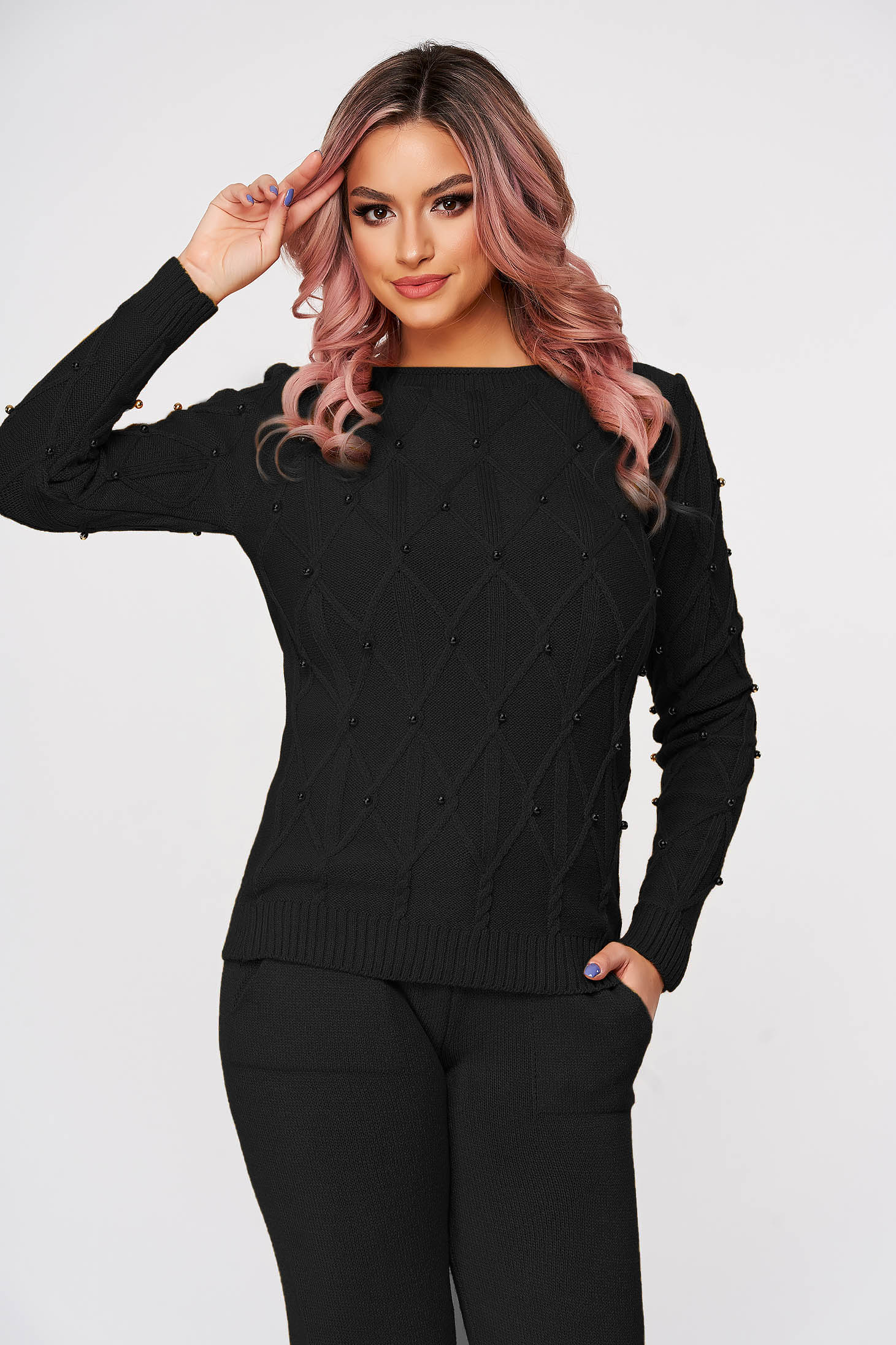 Trening dama SunShine negru casual tricotat cu croi larg din doua piese cu aplicatii cu perle