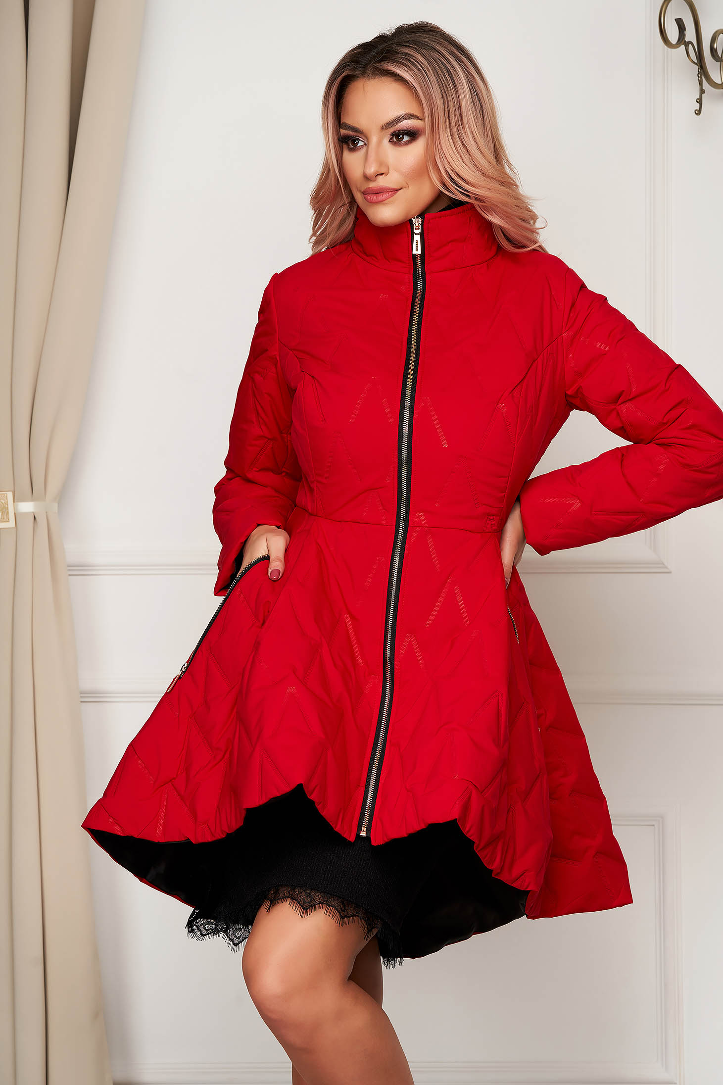 Geaca Artista rosie eleganta midi din fas croi in clos cu buzunare