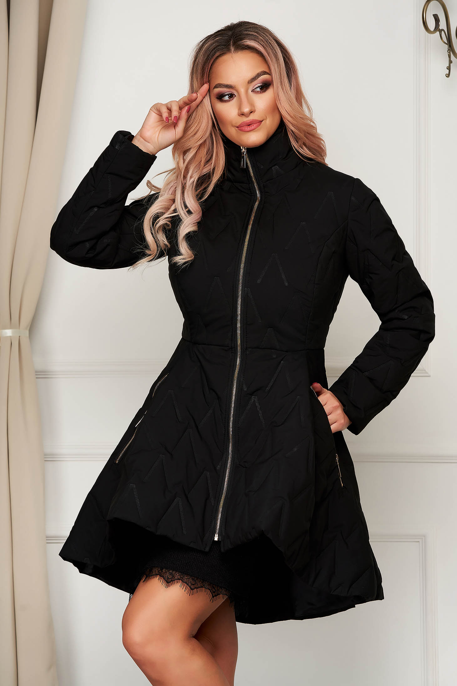 Geaca Artista neagra eleganta midi din fas croi in clos cu buzunare