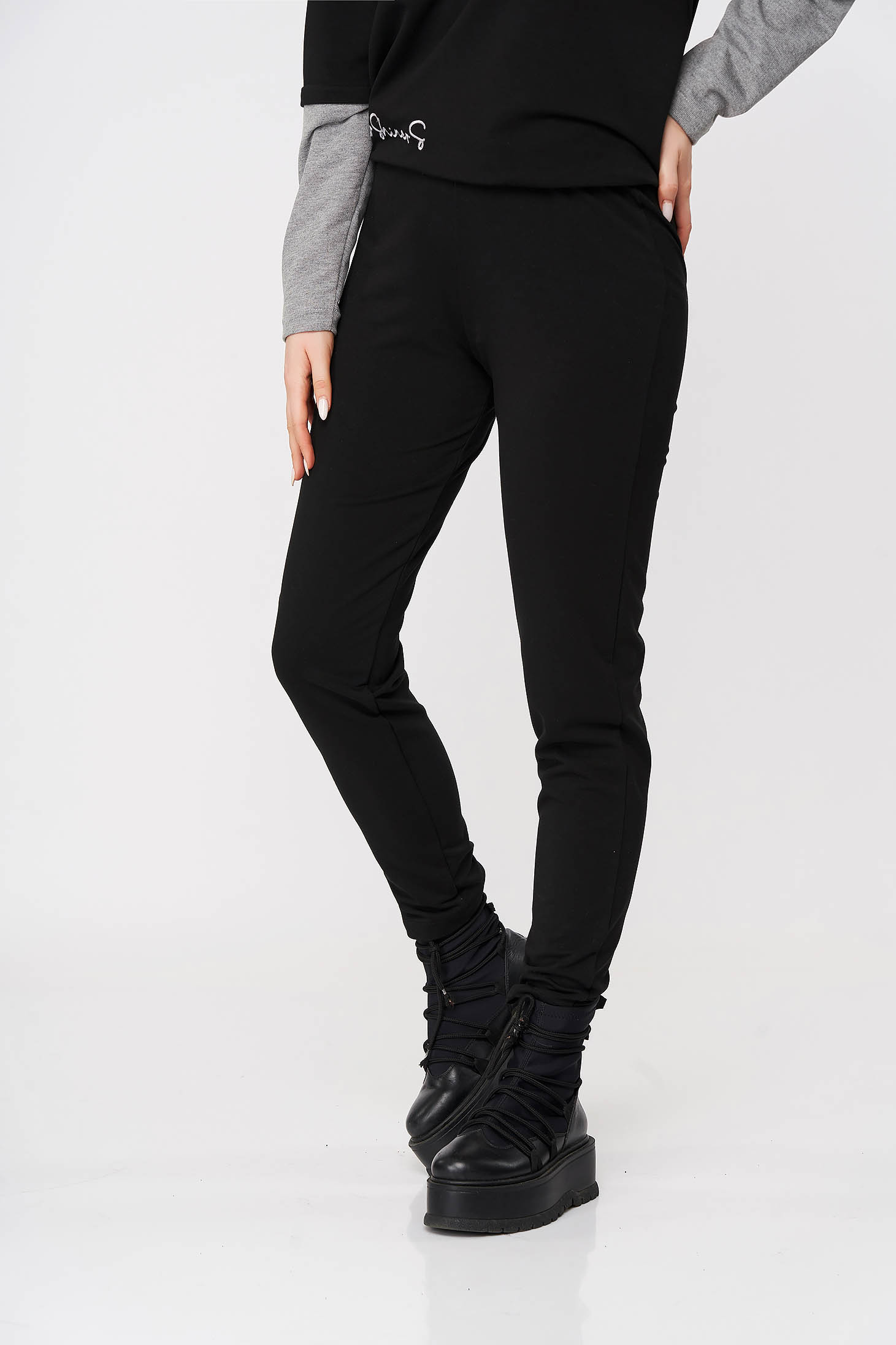 Pantaloni StarShinerS negri sport lungi conici cu elastic in talie