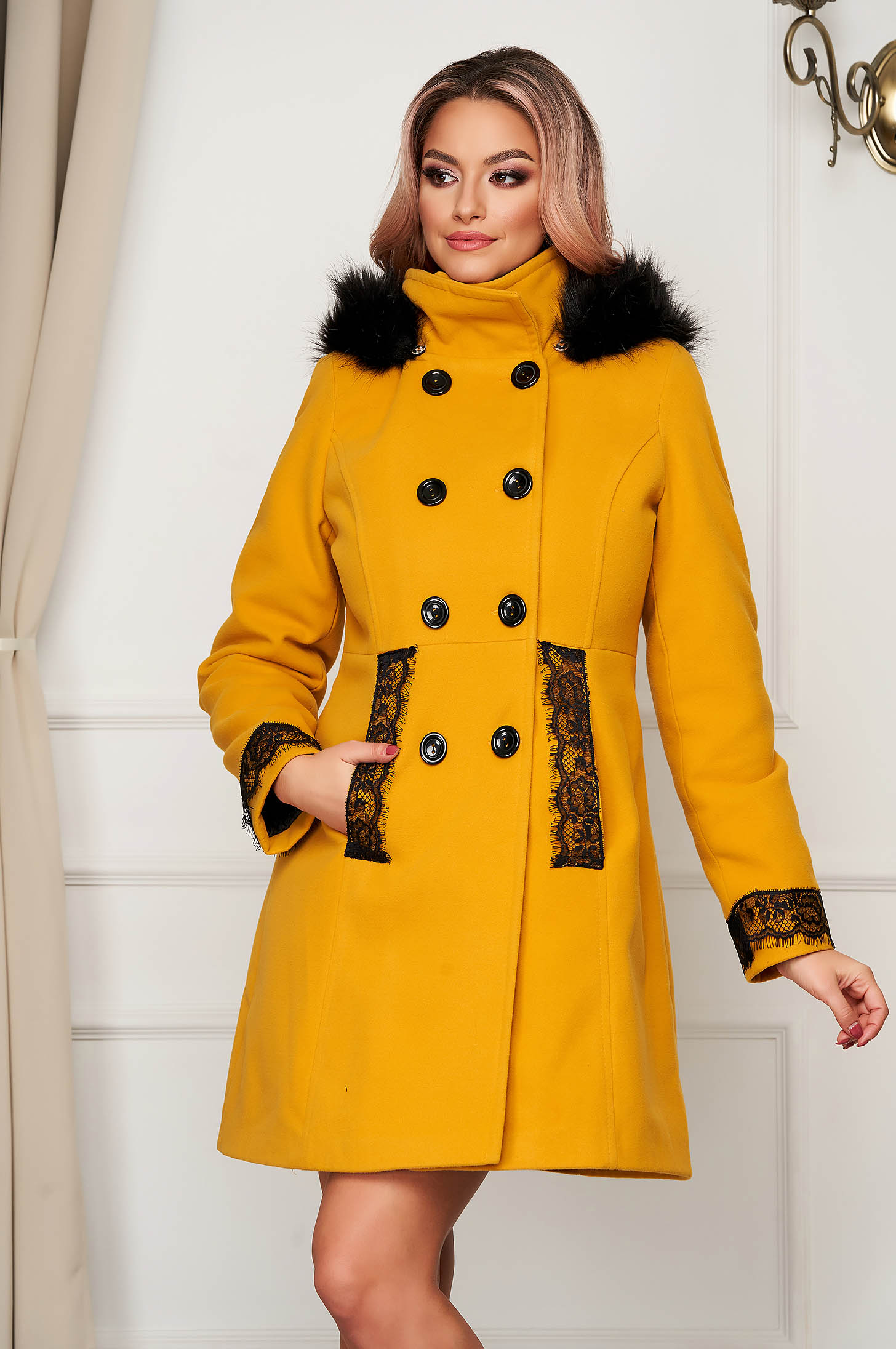 Elegant coat mustard wool short cut 