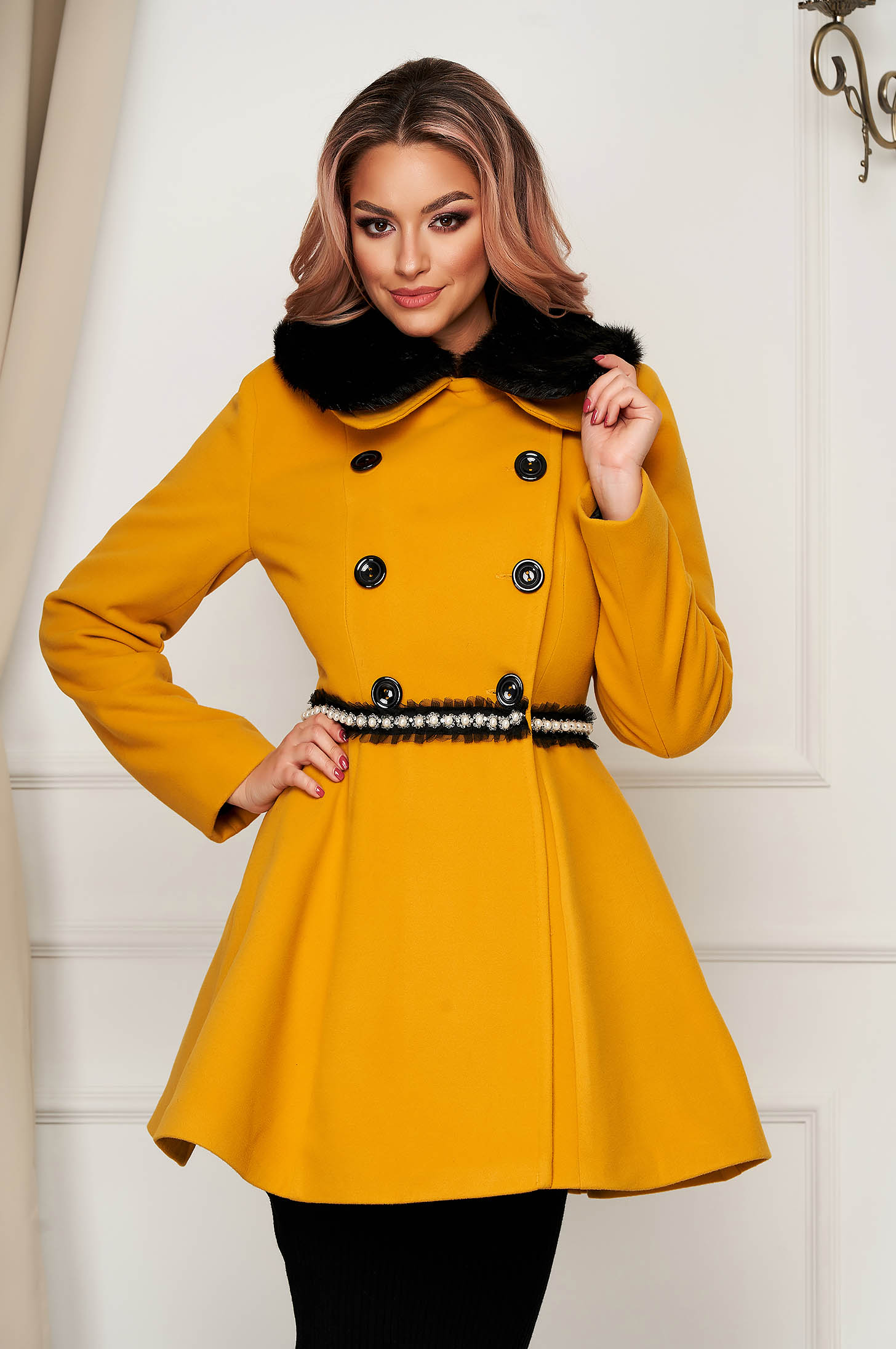 Coat mustard wool short cut cloche fur 