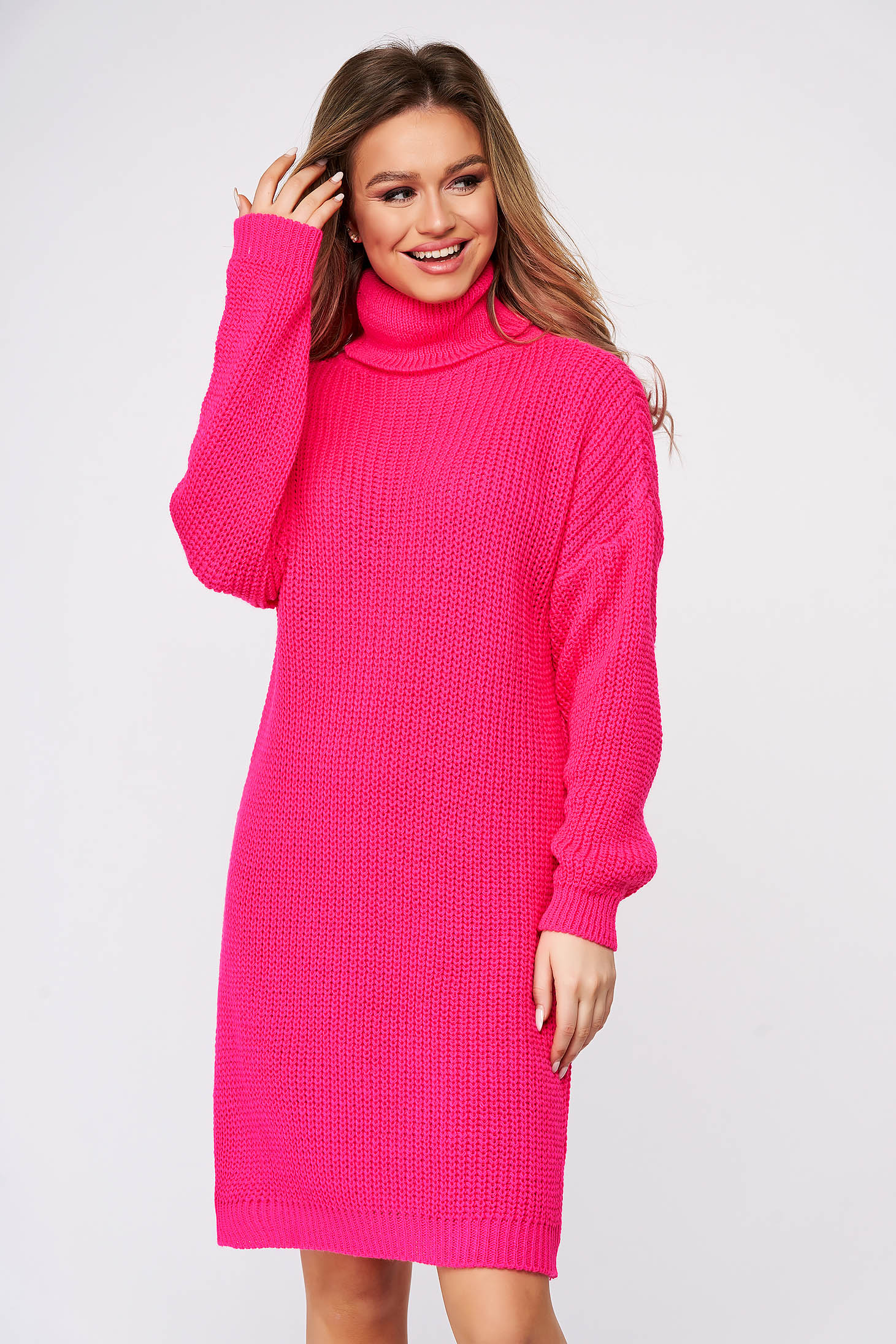 Dress pink casual knitted fabric turtleneck flared