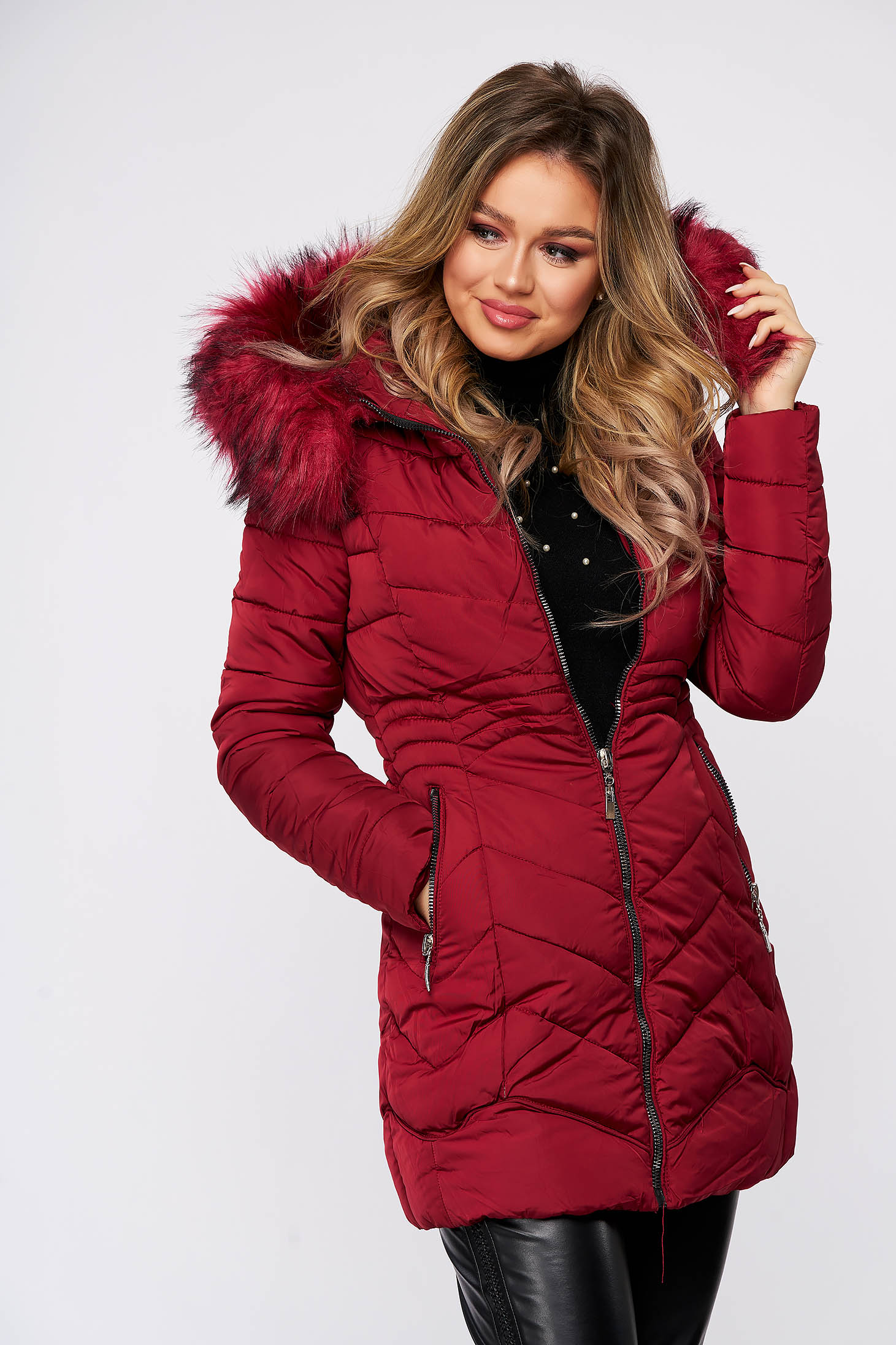 Burgundy jacket arched cut detachable 