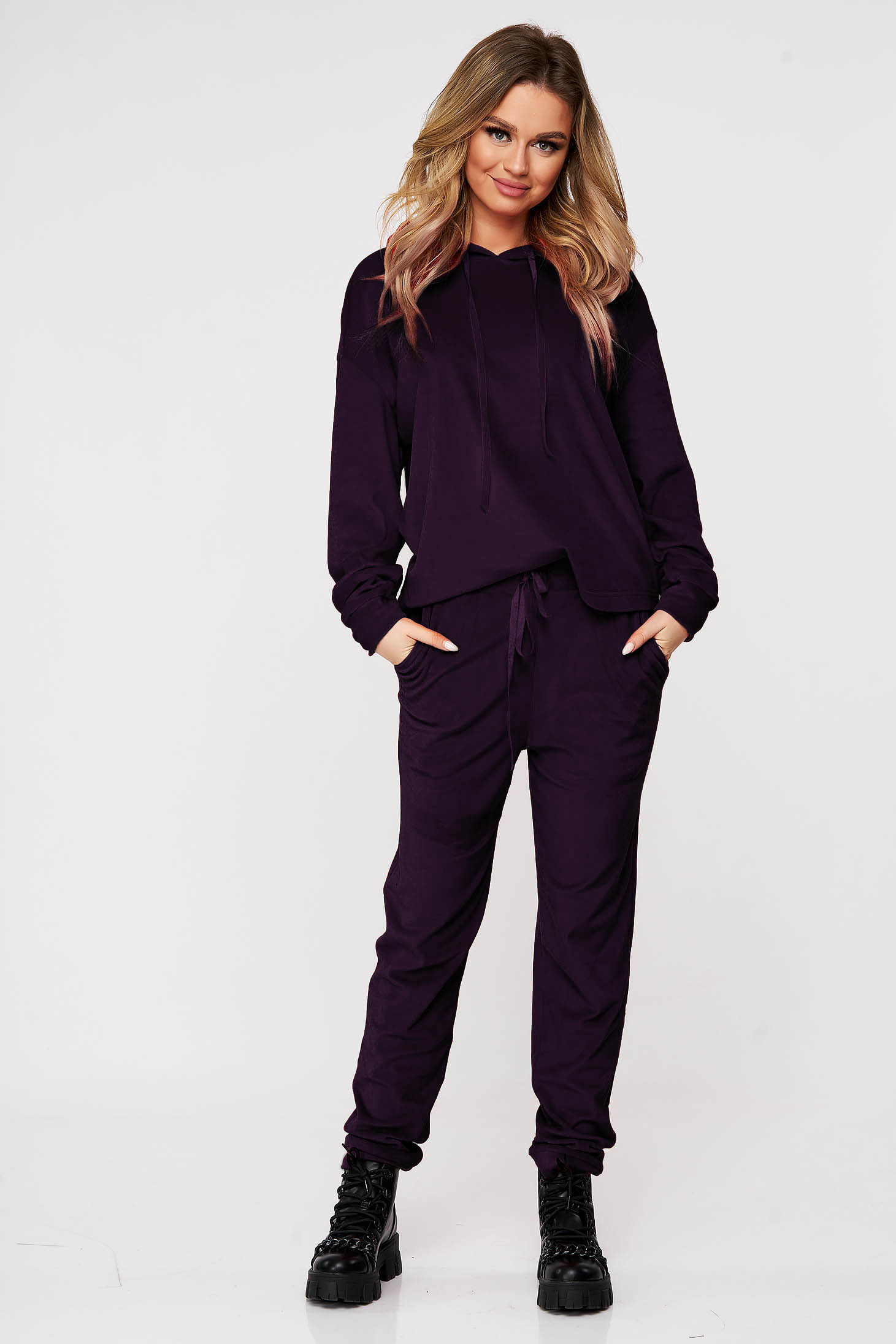 Trening dama Artista mov casual din catifea din doua piese cu croi larg cu gluga nedetasabila