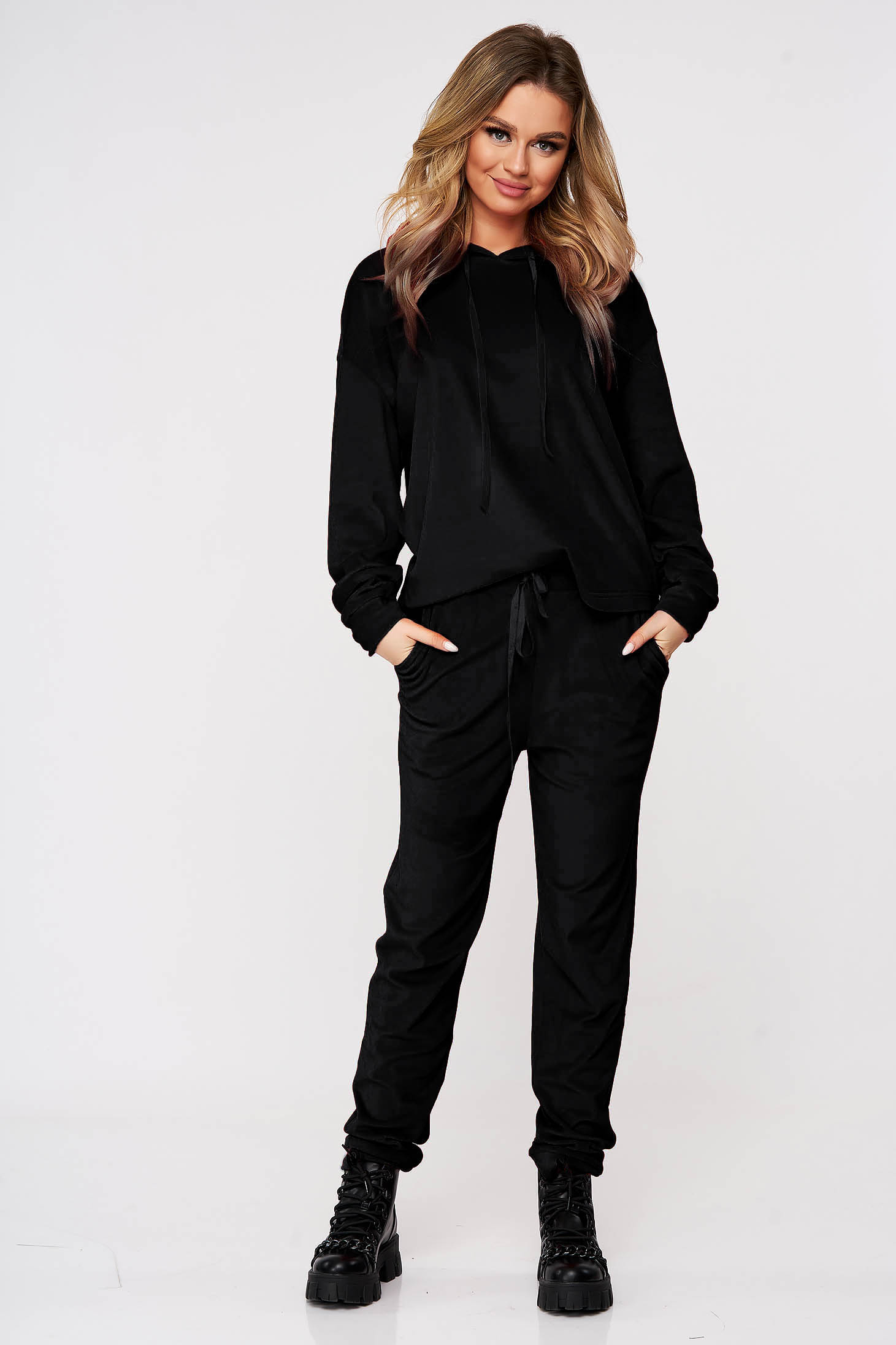 Trening dama Artista negru casual din catifea din doua piese cu croi larg cu gluga nedetasabila