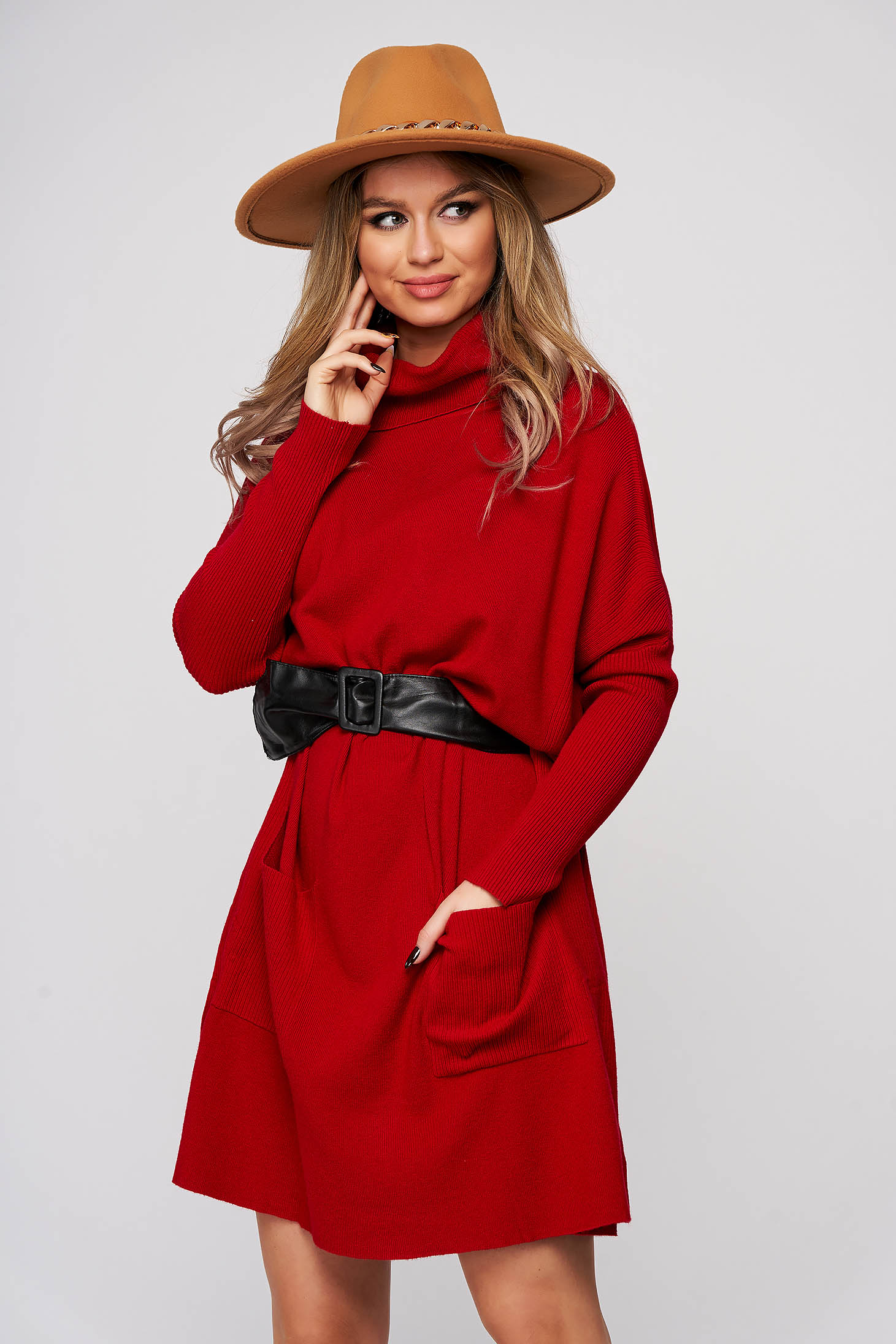 Rochie SunShine rosie din material elastic cu croi larg cu buzunare si accesoriu tip curea