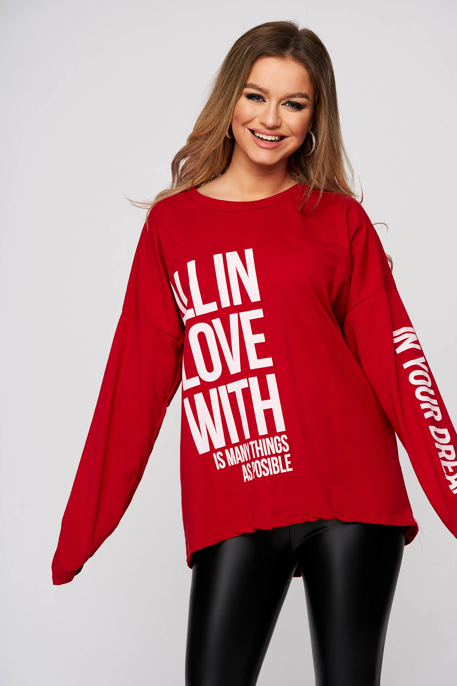 Bluza dama SunShine rosie din bumbac cu imprimeu cu scris si croi larg