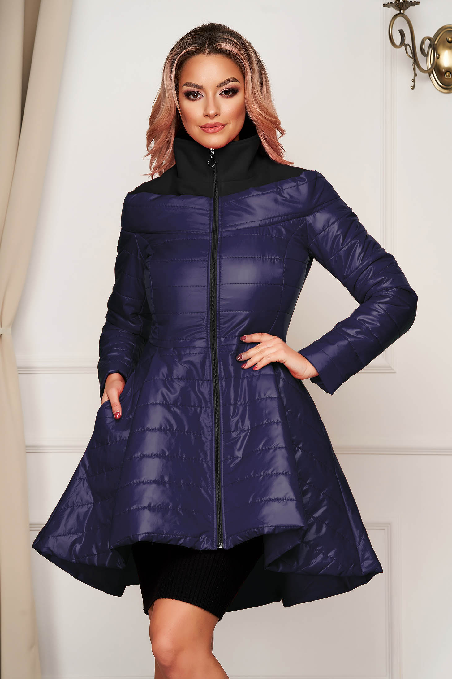 Geaca Artista mov casual asimetrica din fas captusita pe interior