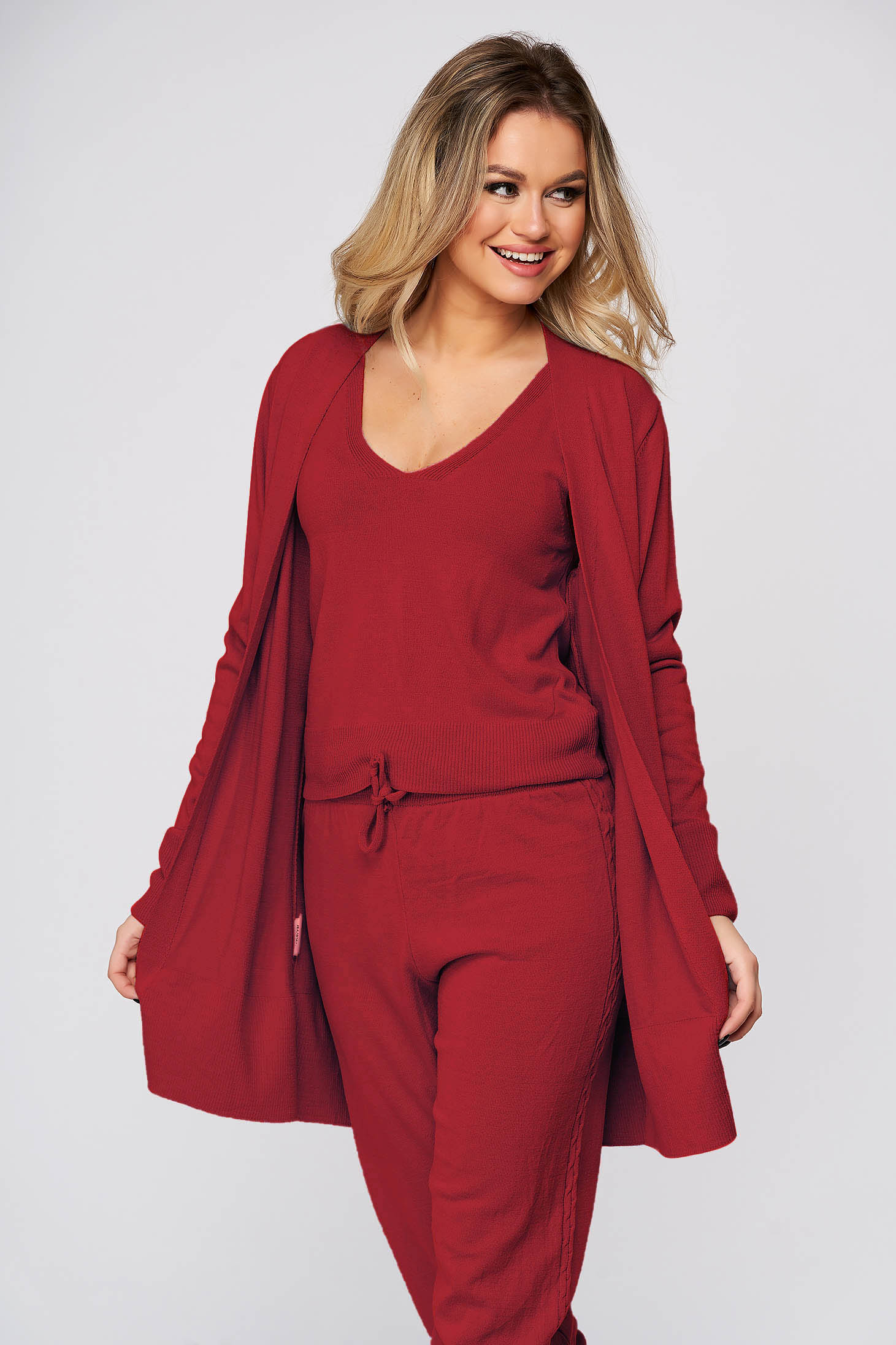 Trening dama SunShine visiniu casual din material tricotat cu cardigan