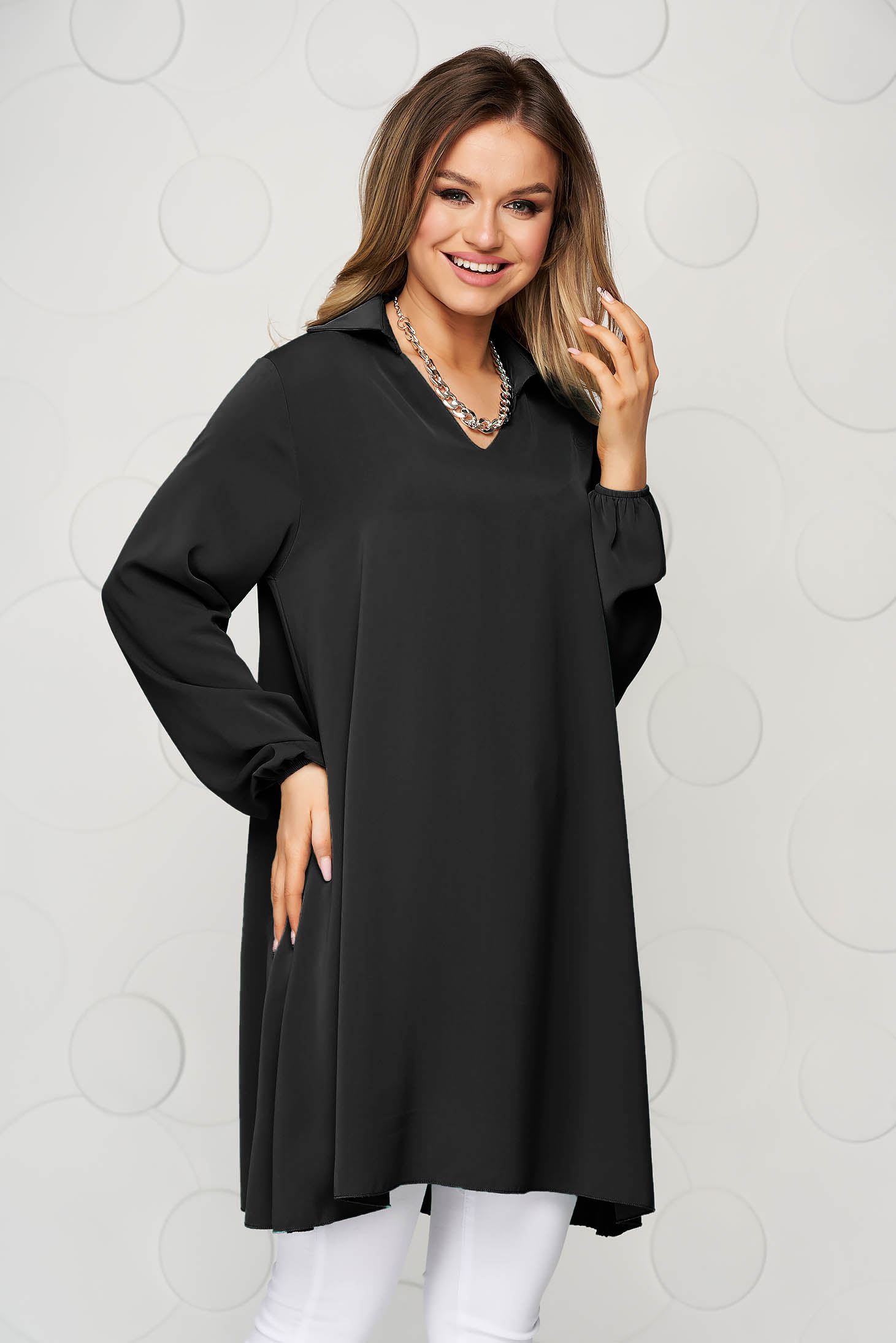 Bluza dama SunShine neagra cu croi larg din material vaporos si transparent cu maneca lunga