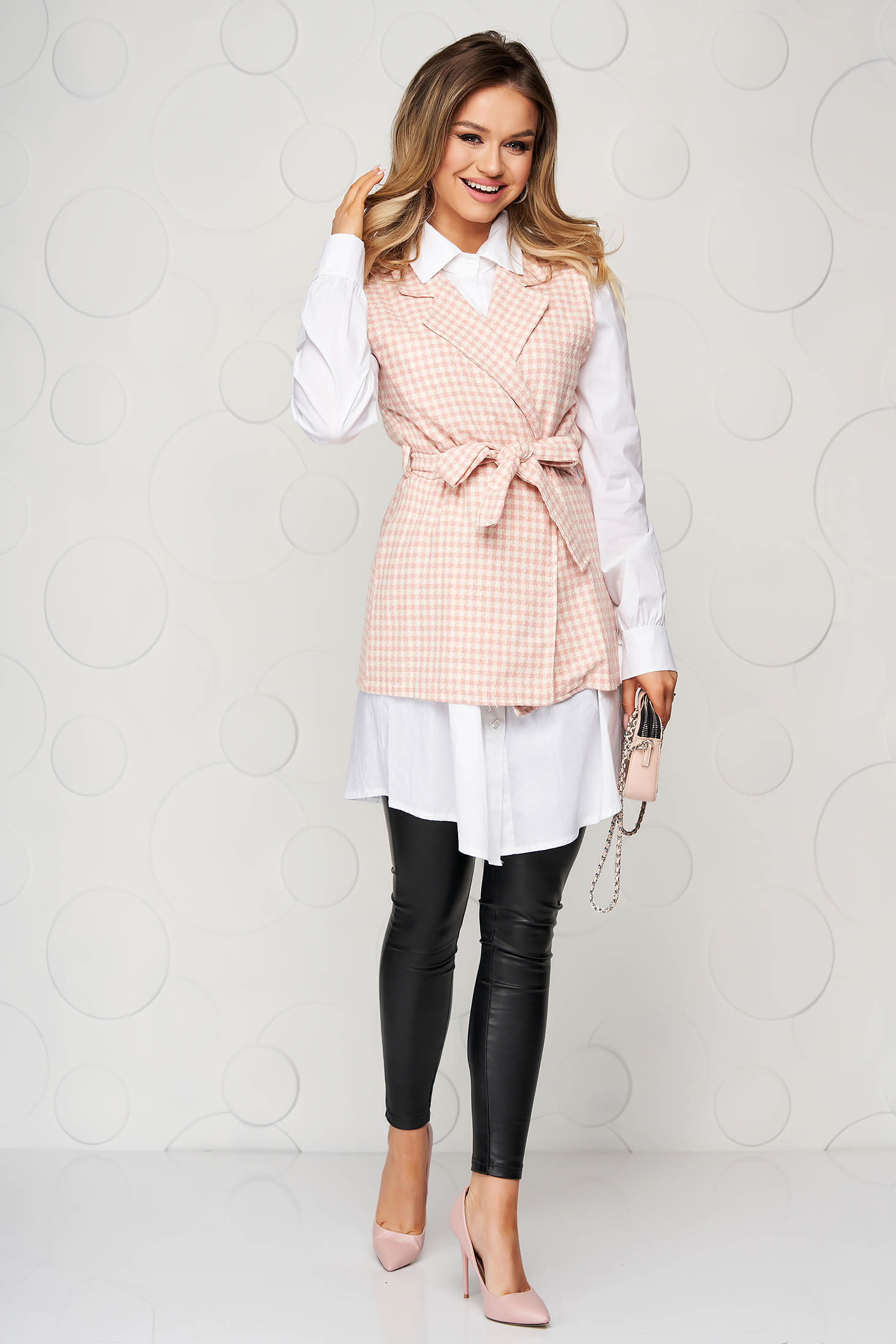 Camasa dama SunShine roz casual in carouri accesorizata cu cordon cu croi larg