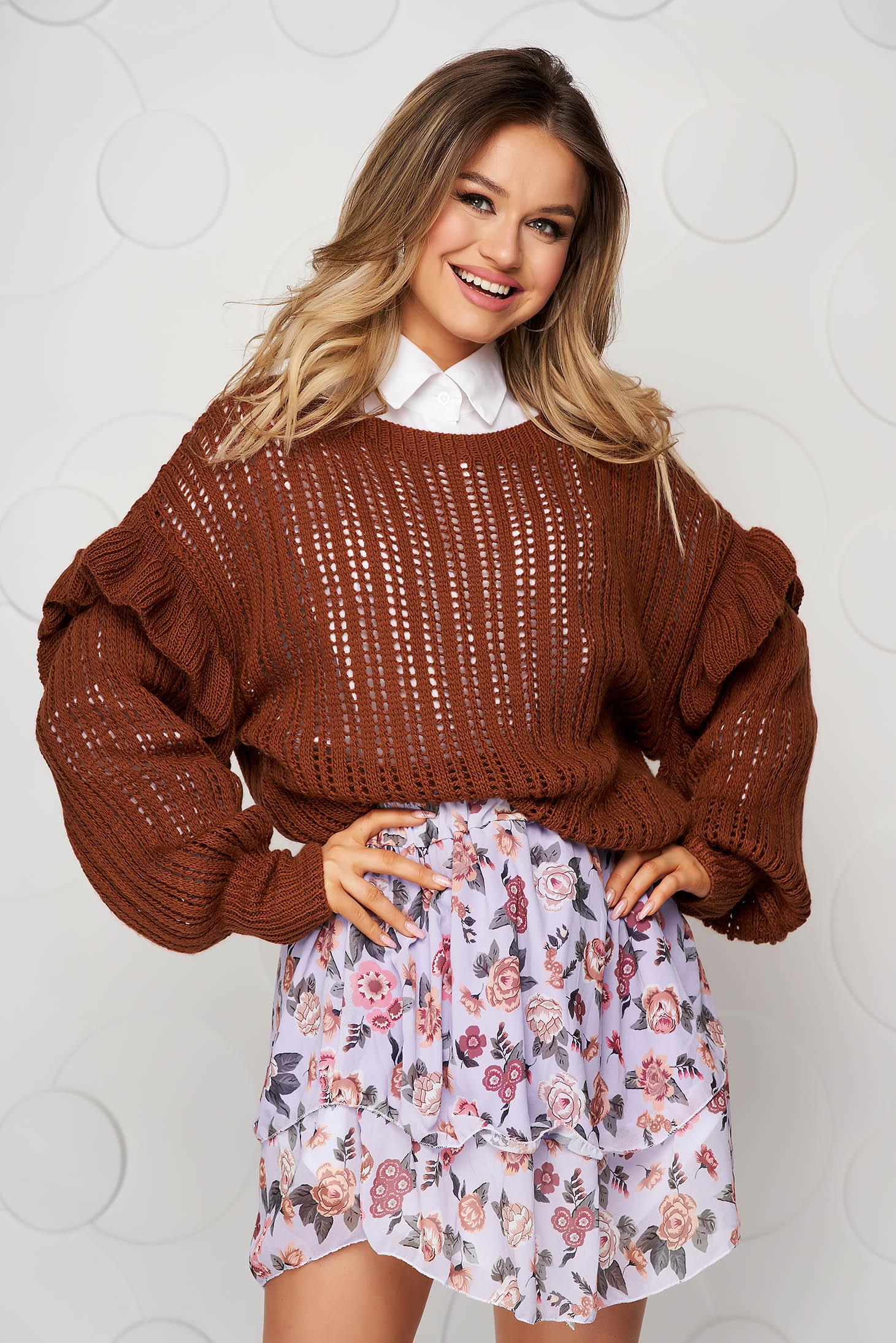 Knitted brown sweater transparent fabric with ruffle details loose fit 1 - StarShinerS.com