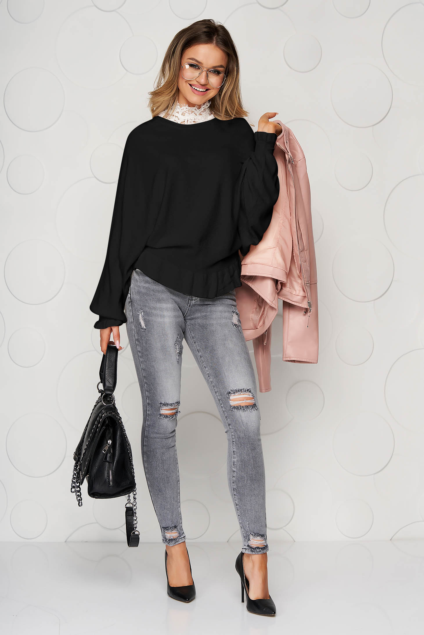 Bluza dama SunShine neagra casual din tricot reiat elastic si fin cu volanase