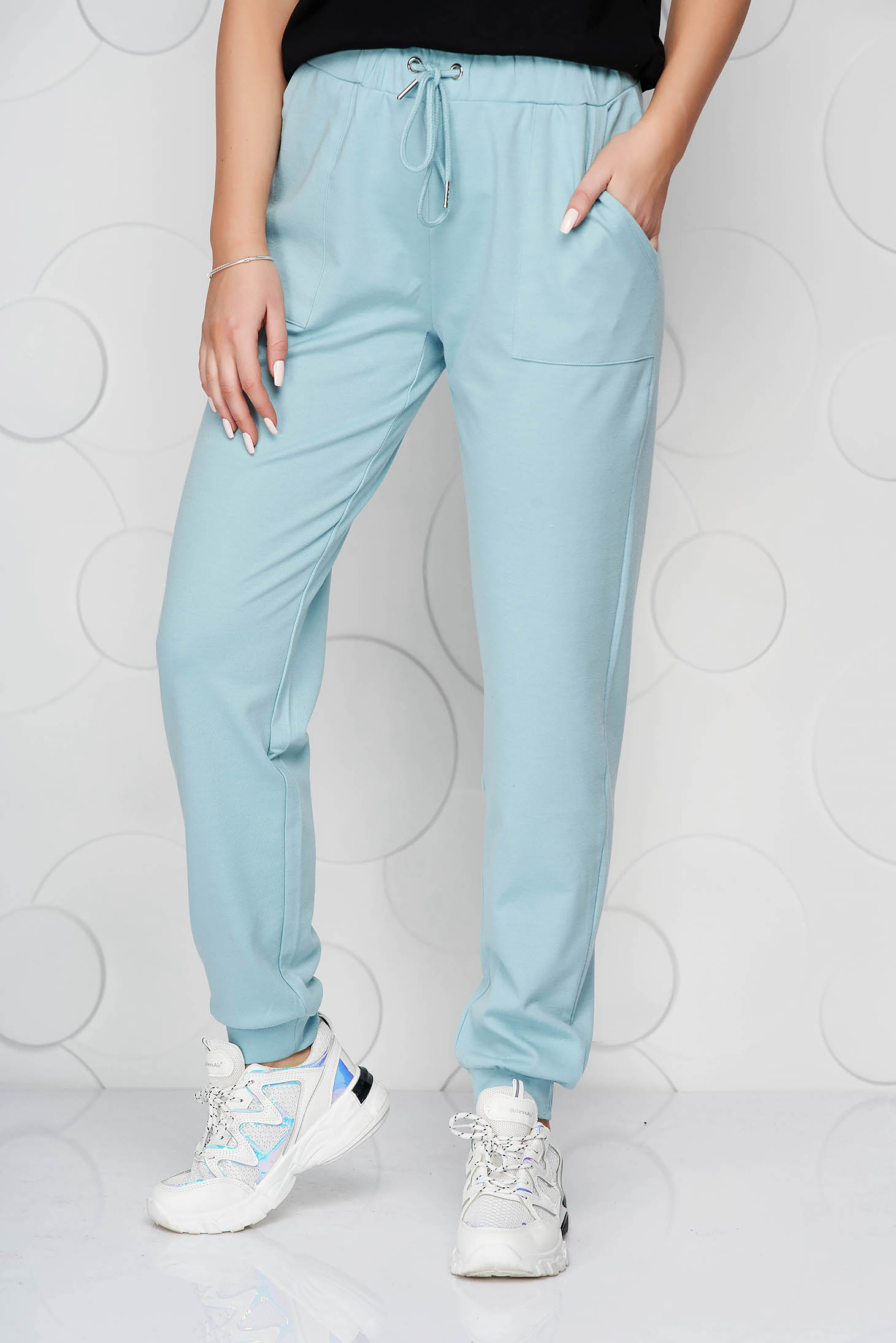 Pantaloni Top Secret turcoaz din material elastic cu talie normala cu snur