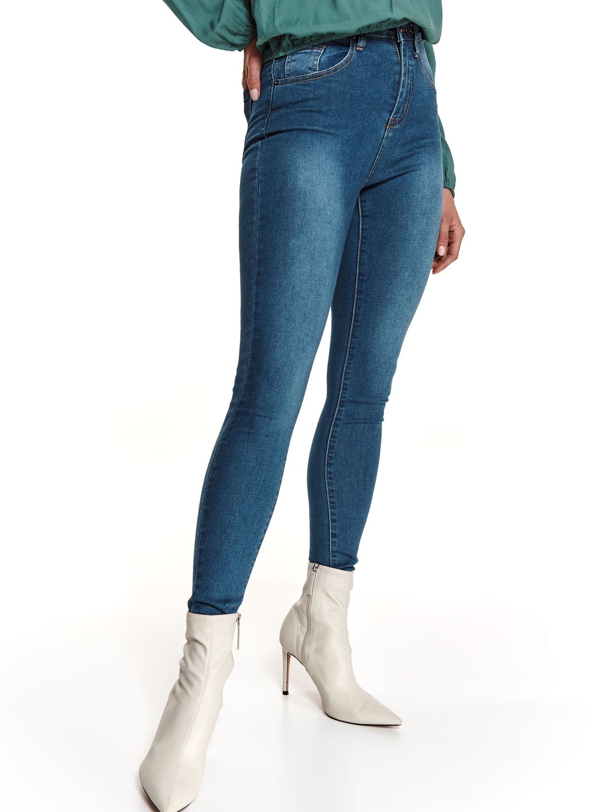 Pantaloni Top Secret albastri din denim conici cu talie inalta