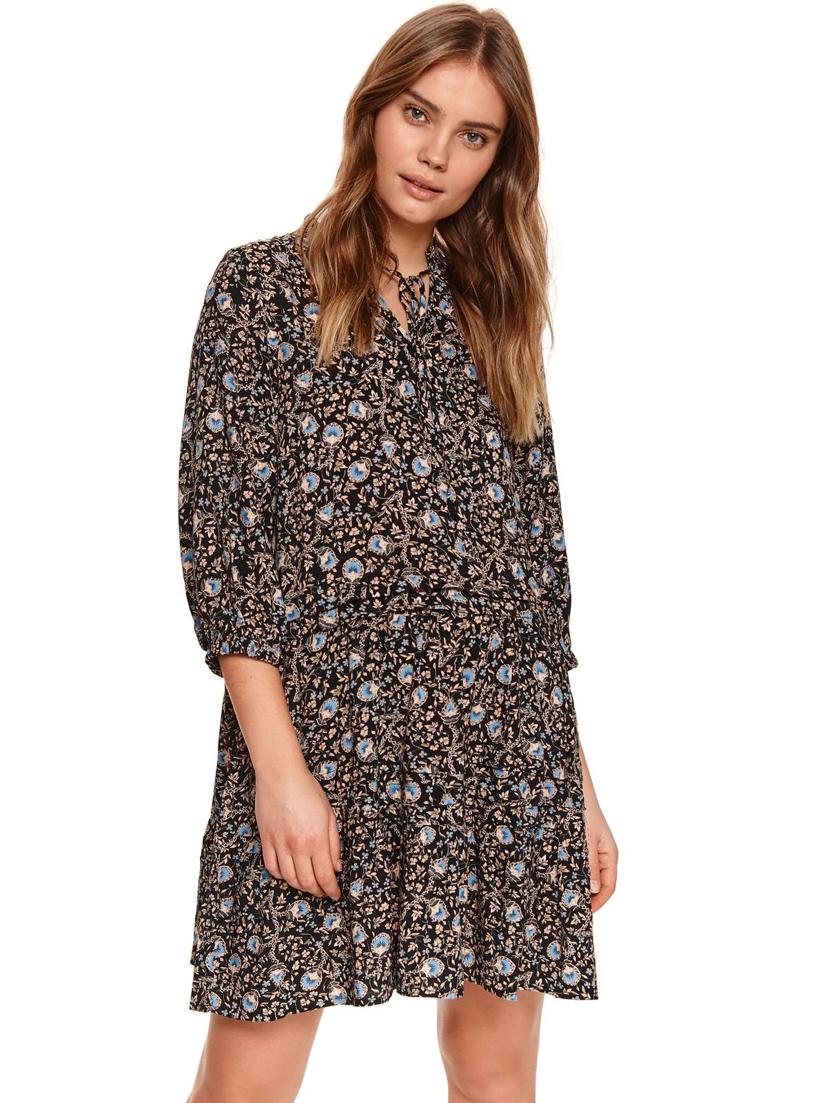 Black dress with floral print loose fit short cut with ruffle details thin fabric