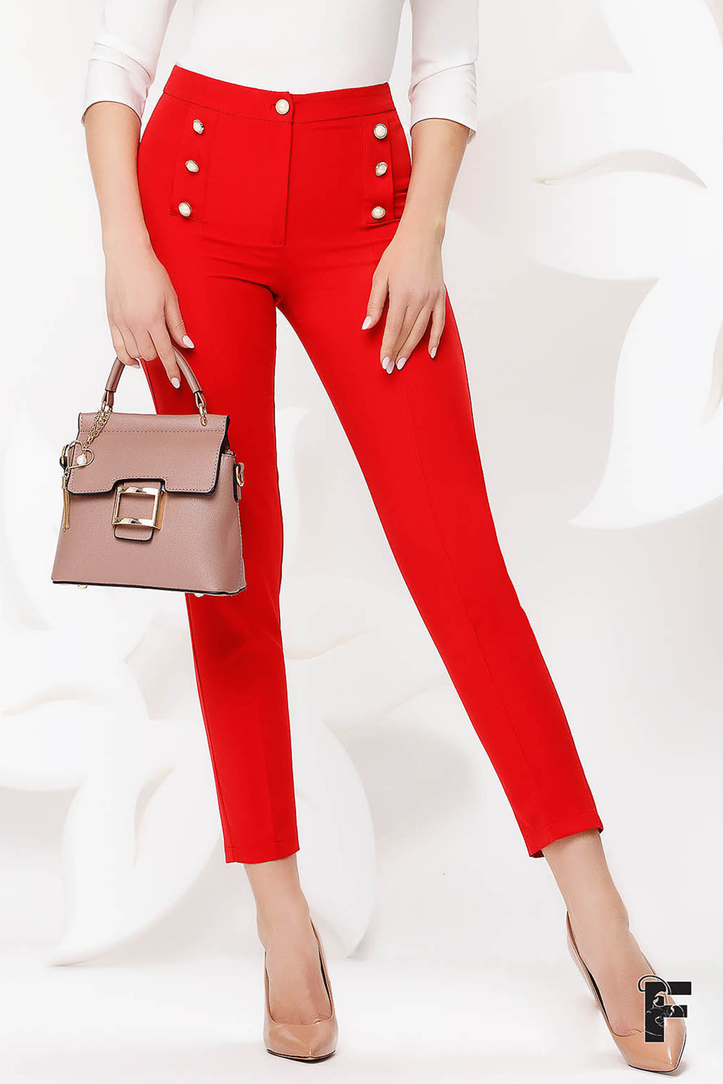 Pantaloni Fofy rosii office conici cu talie inalta din stofa usor elastica accesorizati cu nasturi