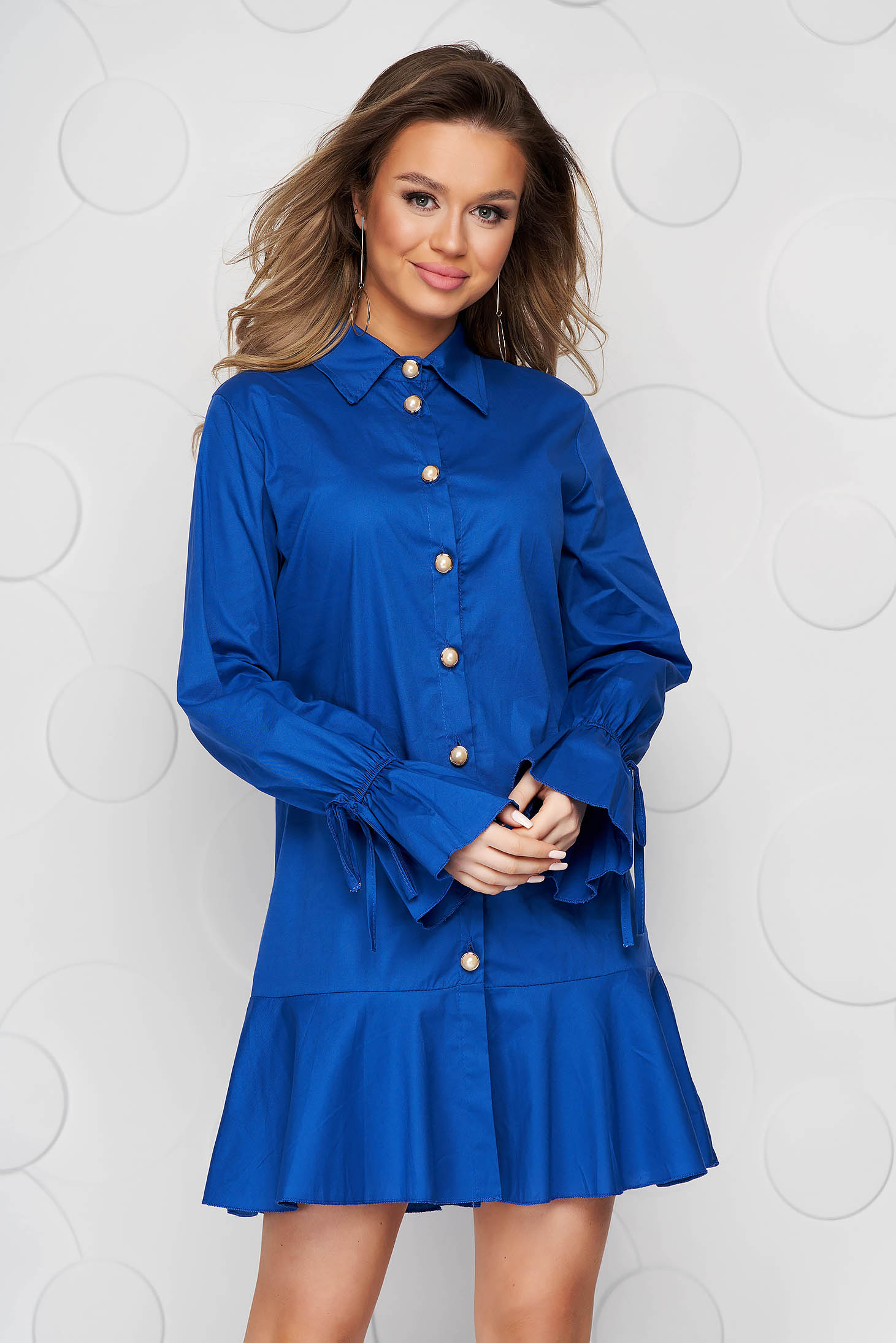 Rochie SunShine tip camasa albastra din material subtire accesorizata cu fundite cu croi larg midi 1 - StarShinerS.ro