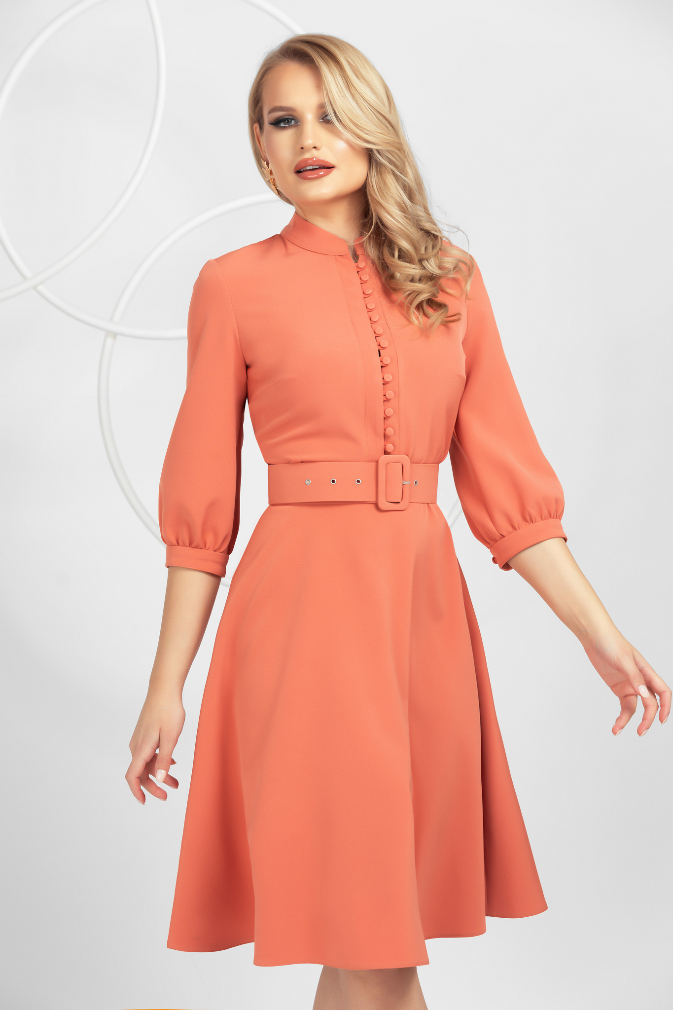 Dress coral office midi cloche slightly elastic fabric with button accessories