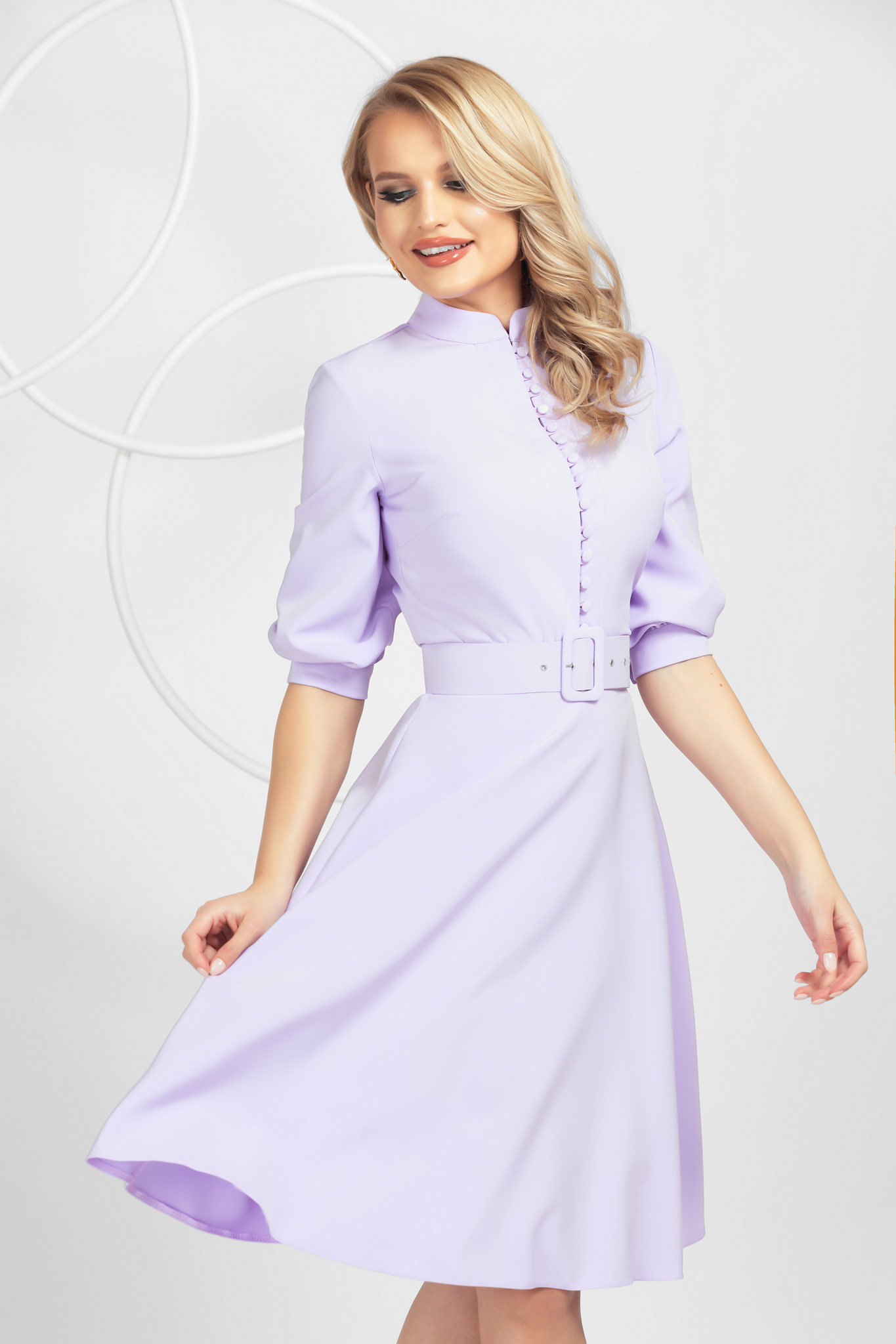 Dress lila office midi cloche slightly elastic fabric with button accessories