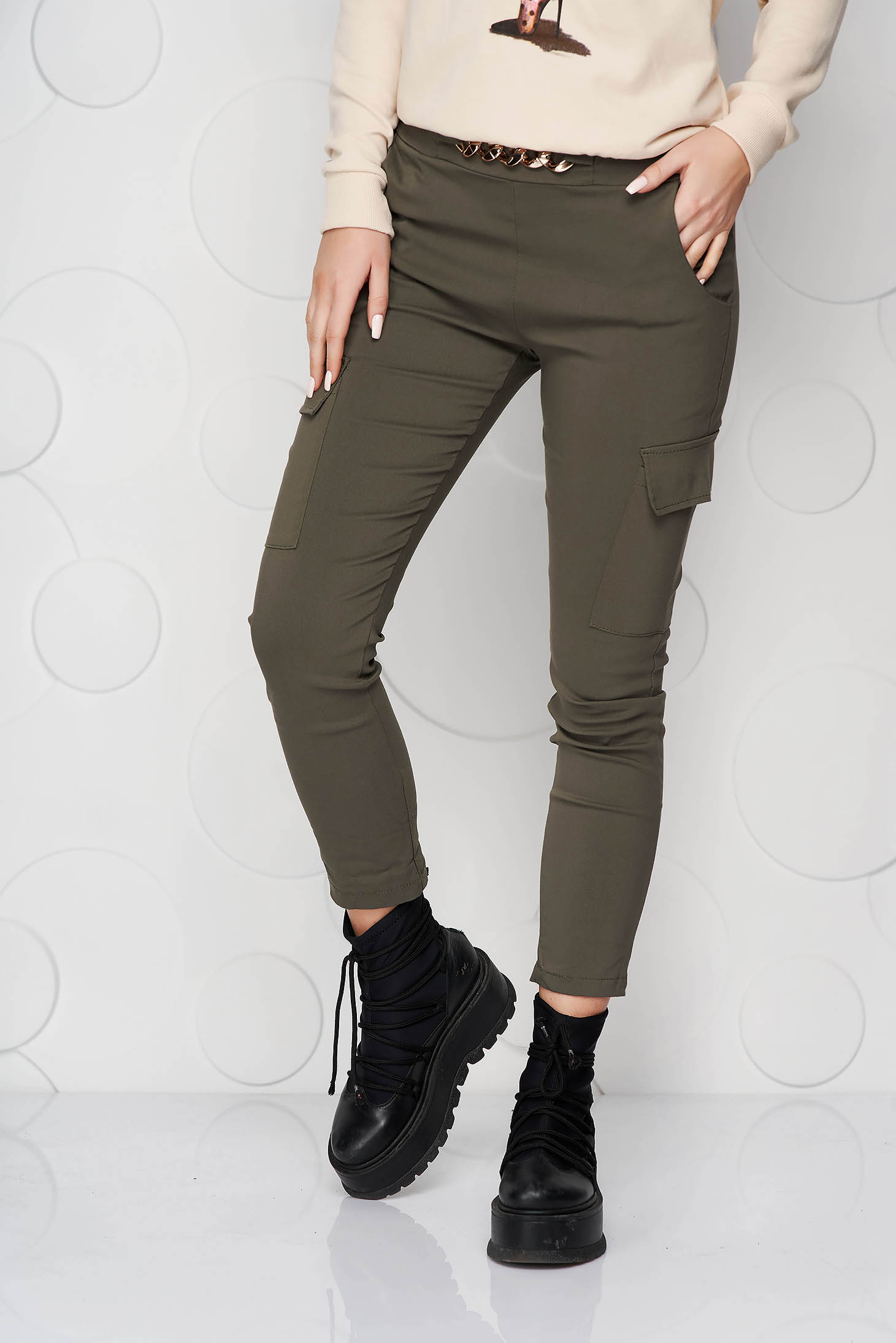 Khaki trousers conical with pockets with elastic waist with metalic accessory 1 - StarShinerS.com