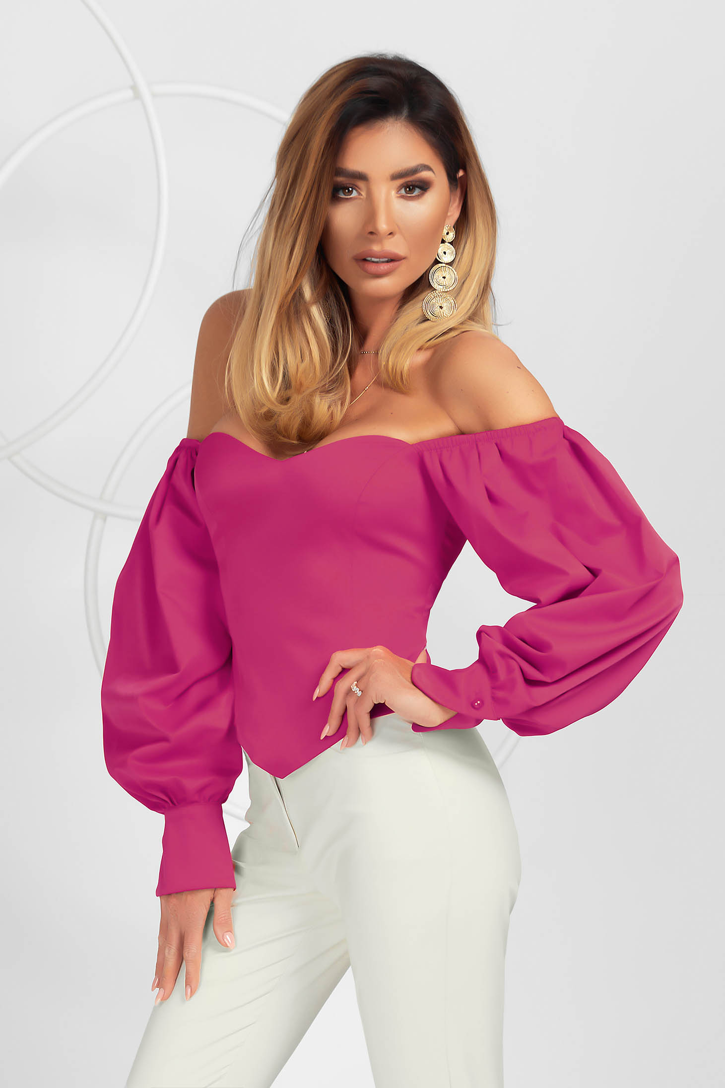 Fuchsia women`s blouse elegant asymmetrical tented with puffed sleeves from satin fabric texture