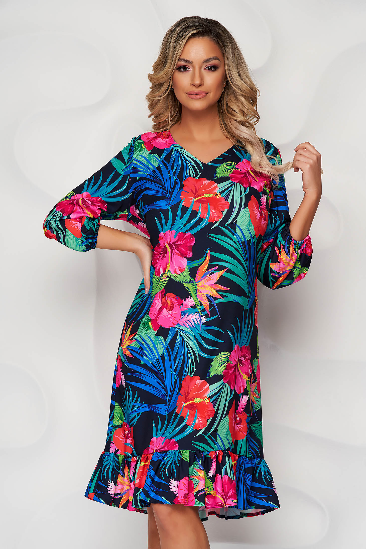 StarShinerS blue dress with floral print with ruffle details straight