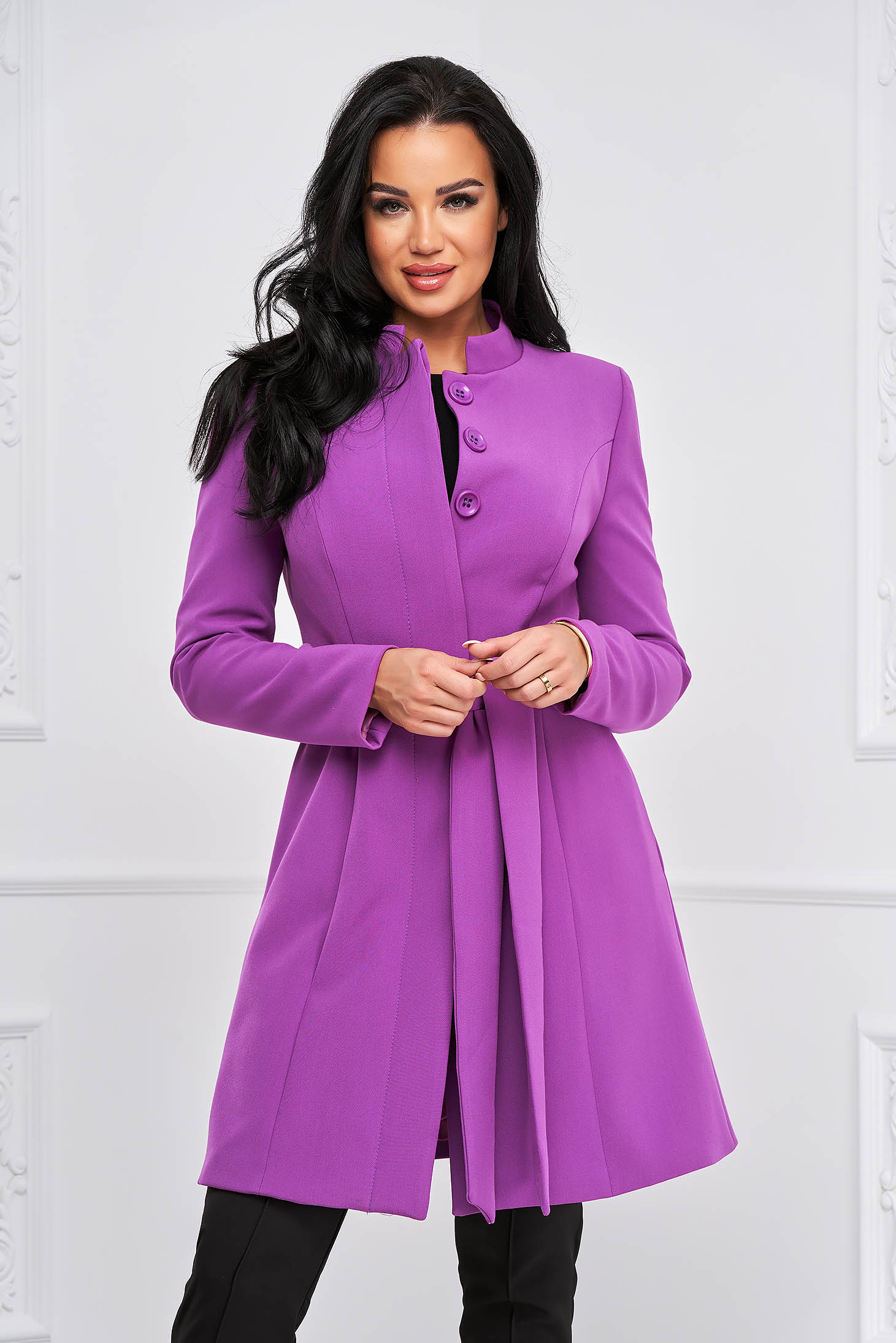 Purple trenchcoat tented short cut elegant accessorized with tied waistband bow accessory